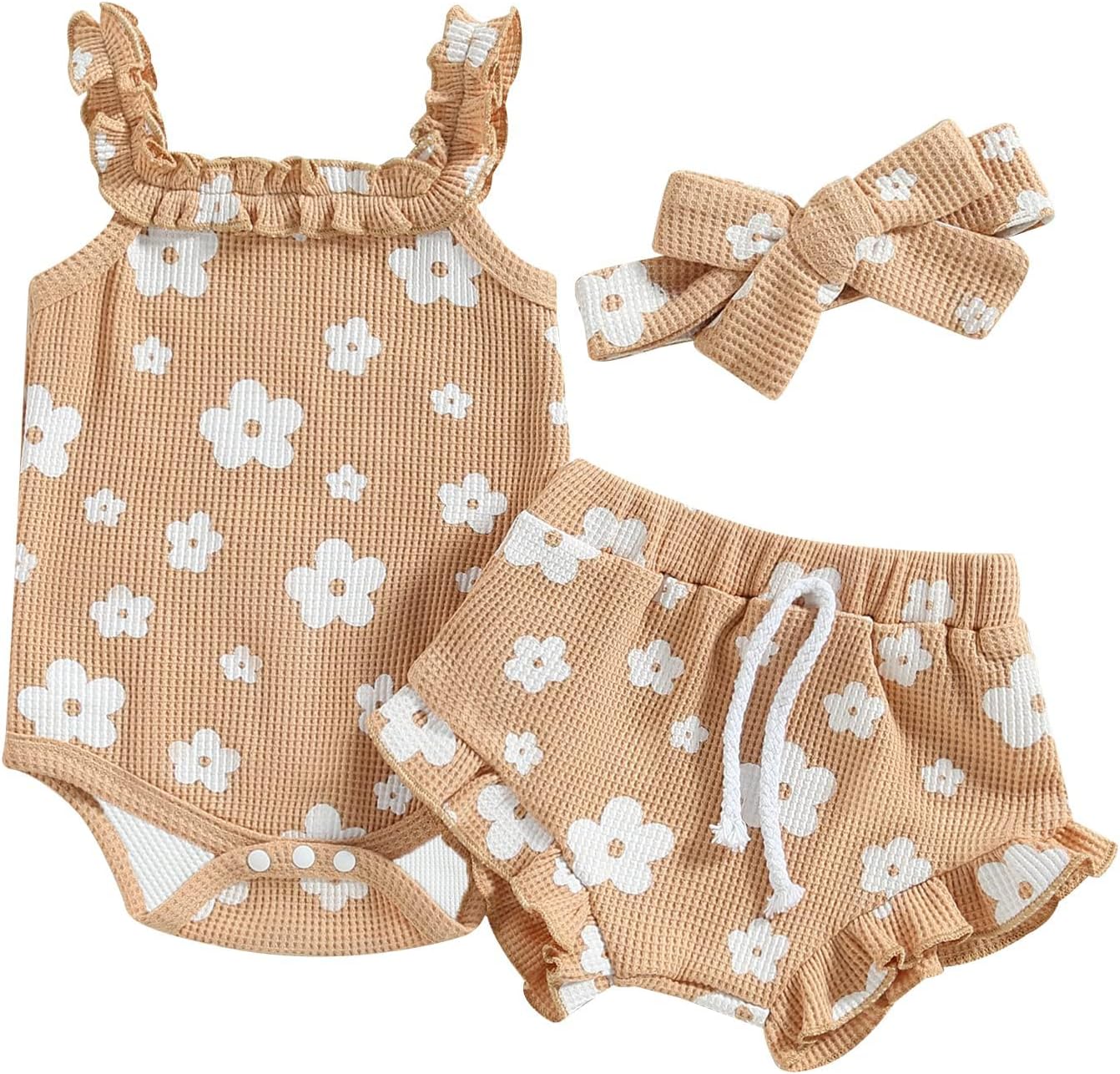 Newborn Infant Baby Girl Summer Clothes Outfits Set Floral Print Romper Tops Drawstring Short Headband Clothes Set