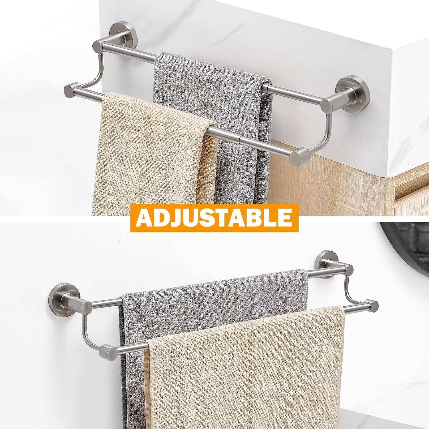 BESy Adjustable 16-26 Inches Double Bath Towel Bar for Bathroom SUS304 Stainless Steel Towel Holder, Hotel Style Wall Mount with Screws Hand Towel Bar Towel Rack Rod Hanger, Brushed Nickel Finish - Image 2