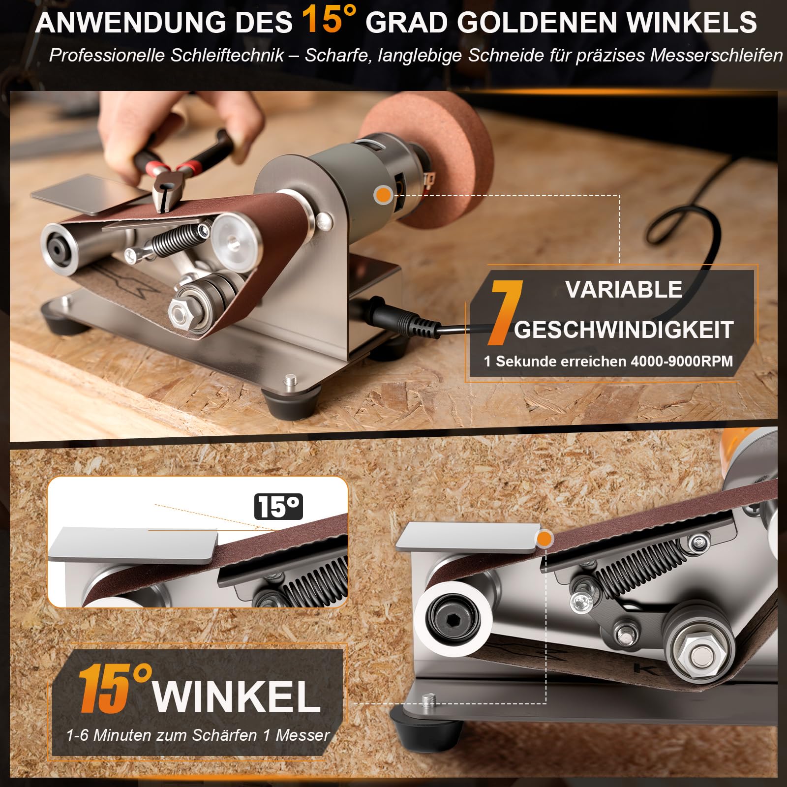 Elektrischer Bandschleifer, Klein Band Schleifmaschine 15 Grad Tischschleifer mit Festem Winkel, 7-Stufig Verstellbarer Polierer für Metall Holz DIY Handwerk, Werkzeug & Messerschärfen