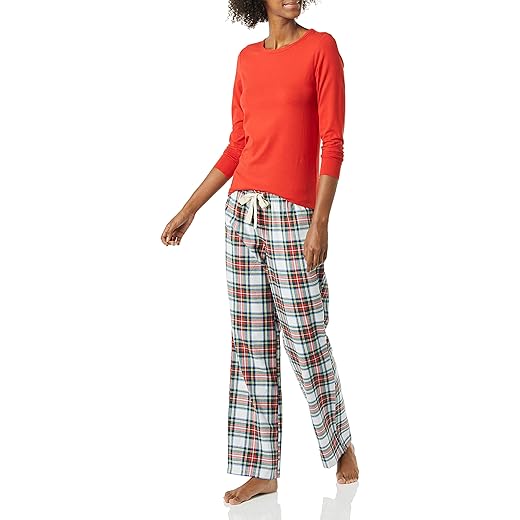 Amazon Essentials Women's Lightweight Flannel Pant and Long-Sleeve T-Shirt Sleep Set (Available in Plus Size), Red Tartan, Large
