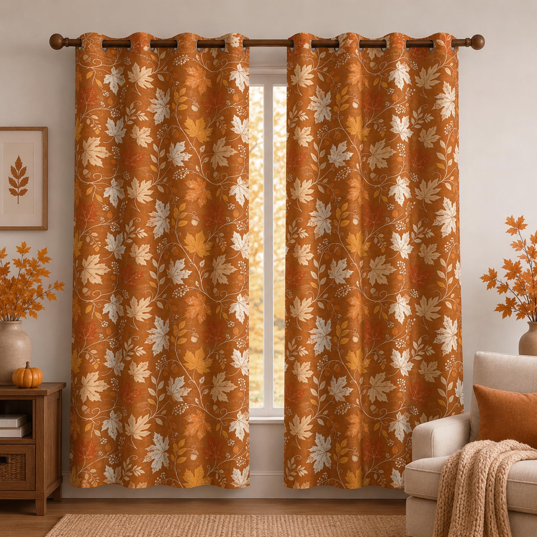 YONGFOTO Cortinas Opacas Hojas de Arce Estilo Casa de Campo Otoño Terracota
