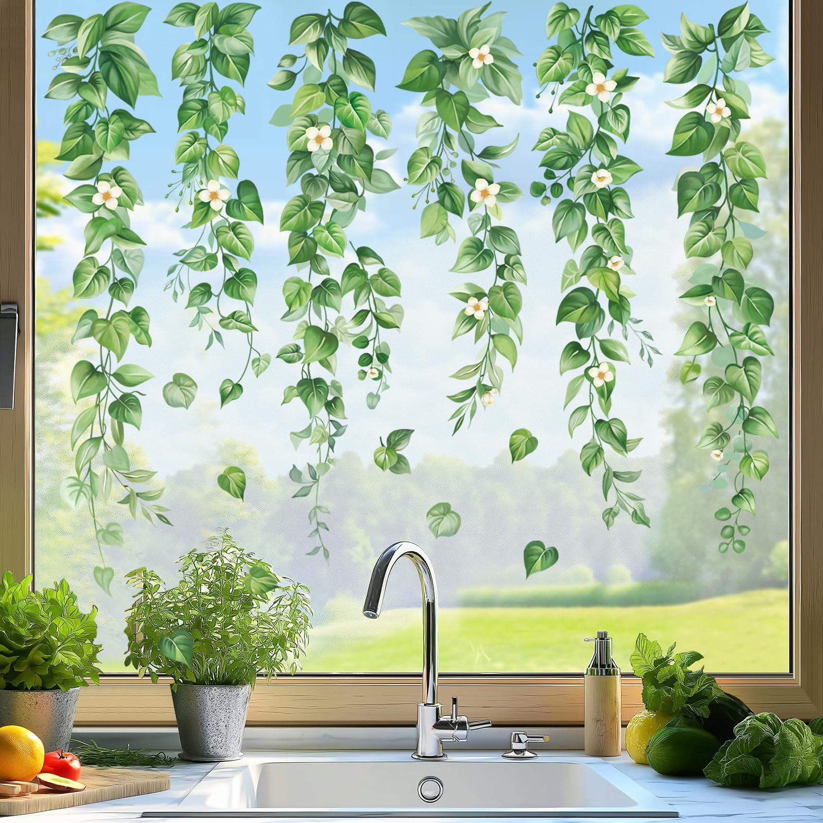 wondever Hanging Vine Eucalyptus Leaves Window Clings Green Plants Leaves Glass Sticker Decal Anti Collision Double-Side Static Window Stickers for Home Glass Window - Image 3