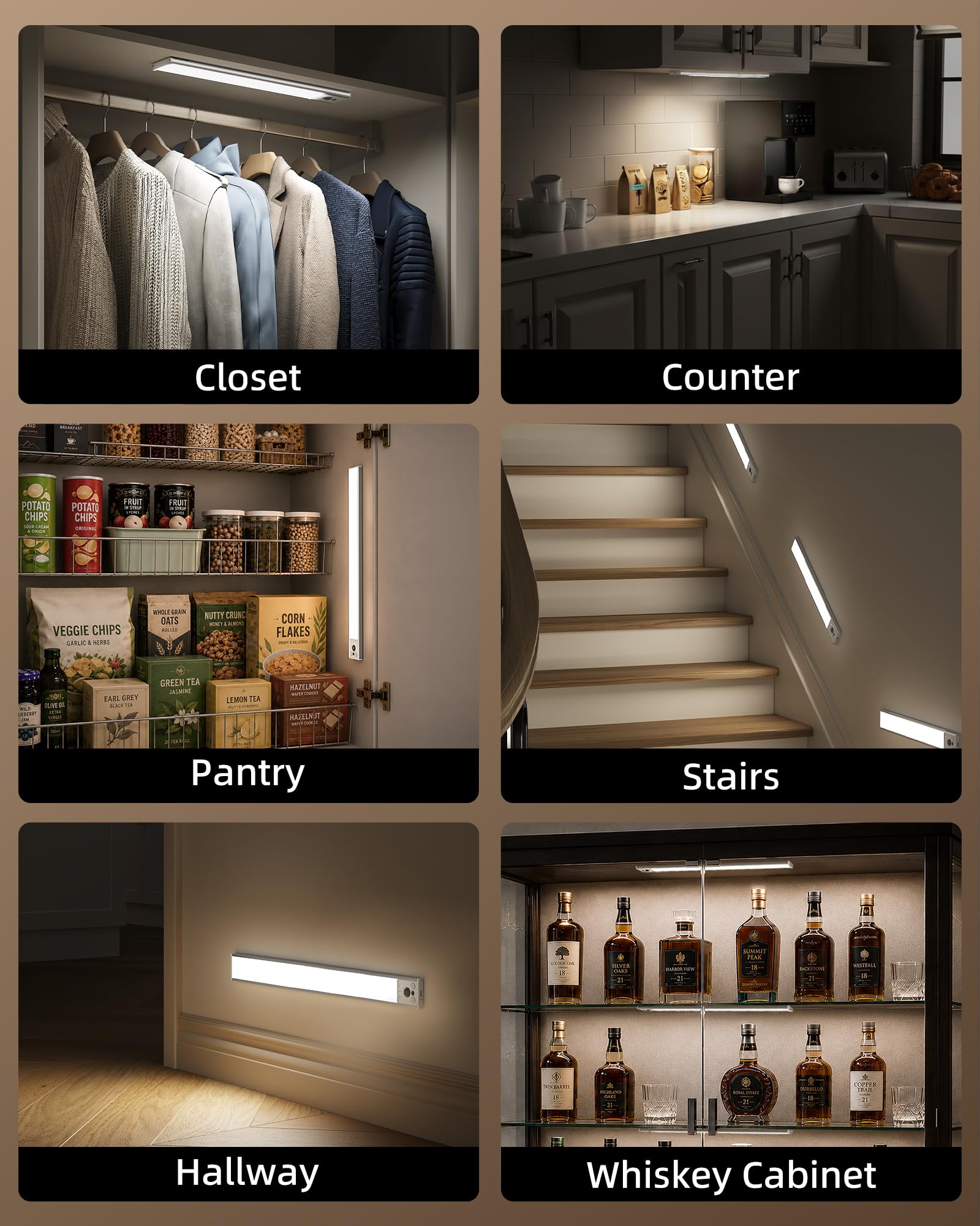 EZVALO Confezione da 4 luci sotto armadi, ricaricabili da 4000 mAh, con sensore di movimento per interni, dimmerabili e 3 temperature di colore, luci magnetiche per armadio, luci wireless sotto il