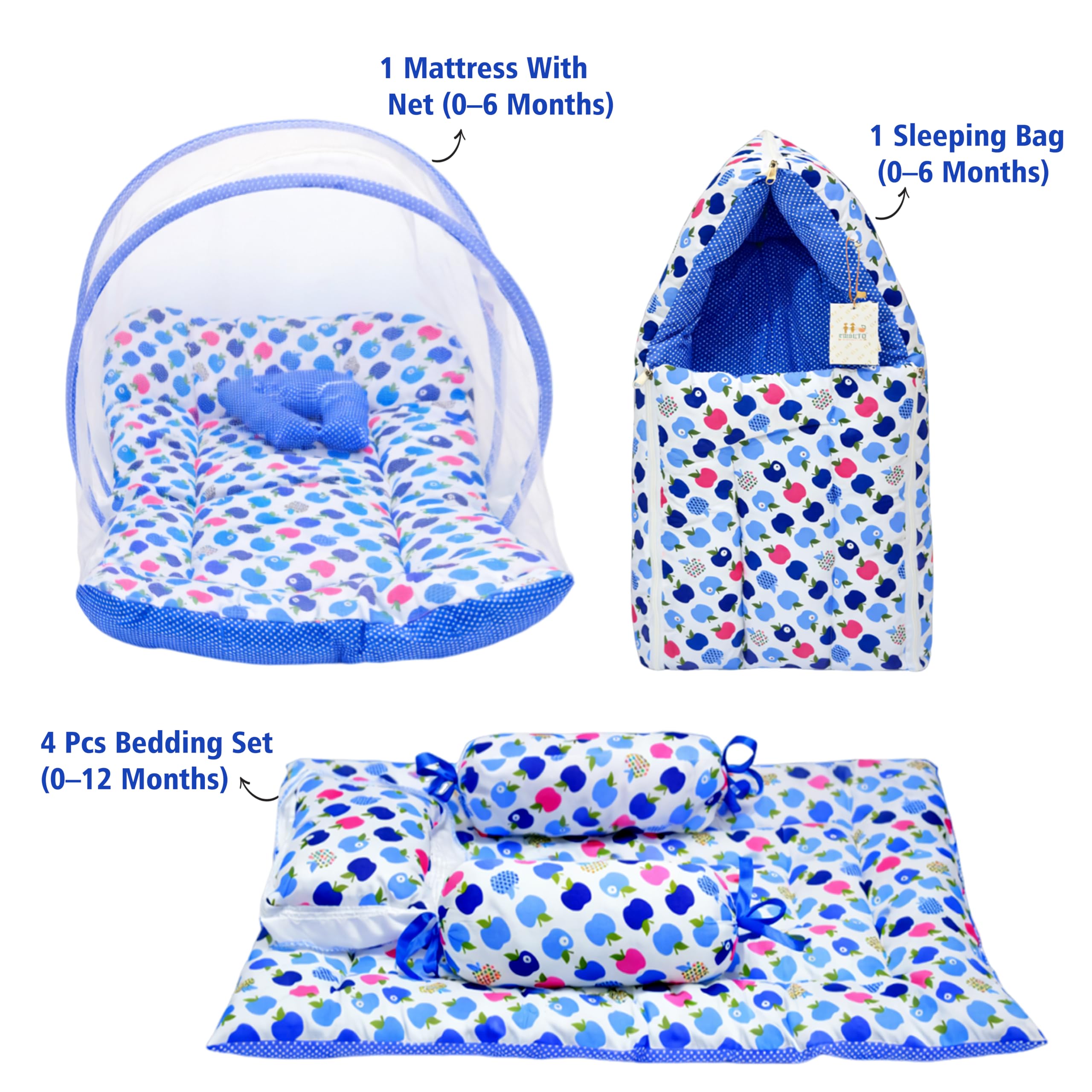 Fareto Combo of Baby Bed with Net | Carry Bag | 4 Pcs Bedding Set (0-6 Months, Baby Size, Cotton) (Blue Apple) 3