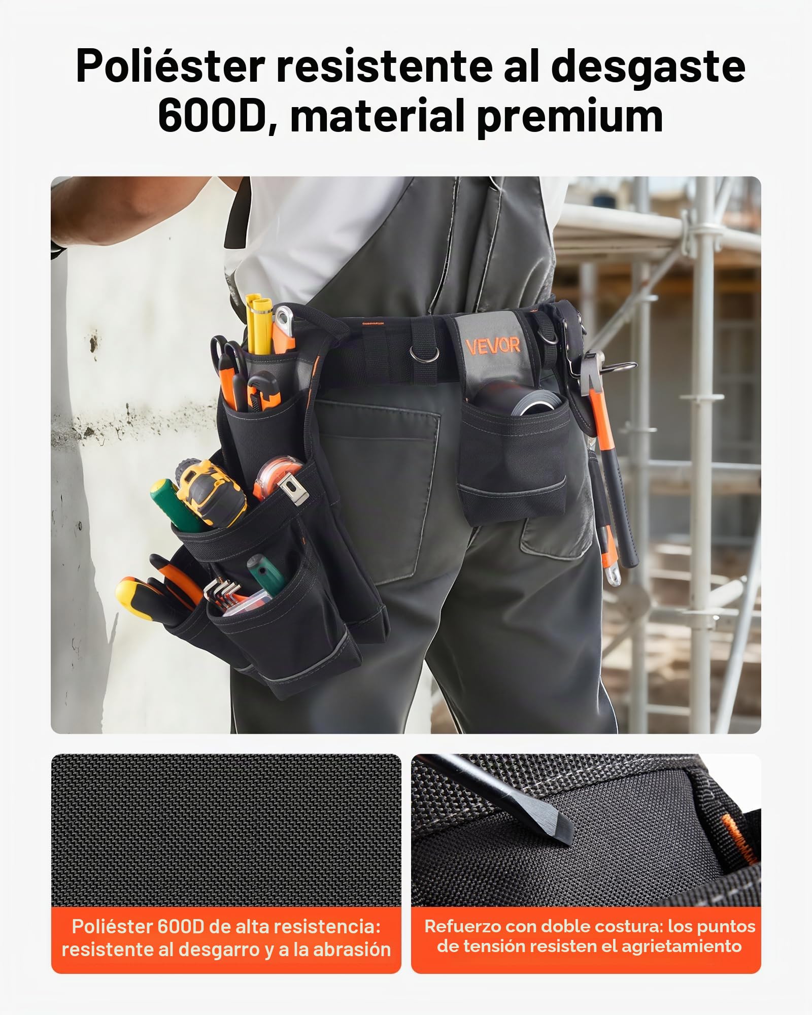 VEVOR Cinturón Portaherramientas, 18 Bolsillos, para Trabajadores de la Construcción, Electricistas, y Carpinteros, Organizador de Delantal, Ajustable de 800 a 1310 mm, 1420 x 360 x 115 mm, Negro