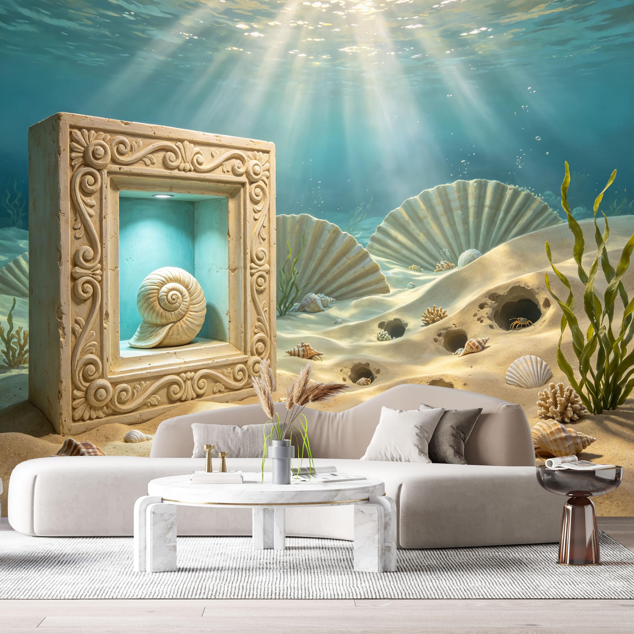 Custom Size Wall Murals Ocean Marine Coastal Seashell Crab Stone Frame 3D Trompe L'Oeil SelfAdhesiveWall Fabric Removable Wallpaper Wall Decor for Living Room Bedroom Bathroom