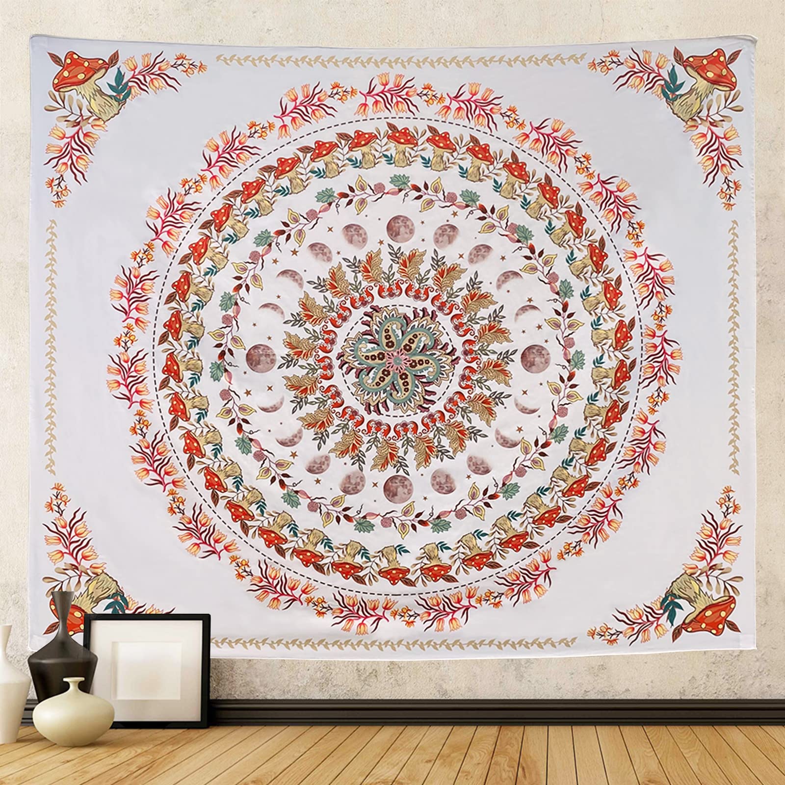 HEYOKBohemian Tapestry Wall Hanging, Mandala Floral Medallion Hippie Mushroom Tapestry with Light Pink Posters Aesthetic Wreath Design, Natural Moon Phase Tapestry for Bedroom Aesthetic Cream Prints