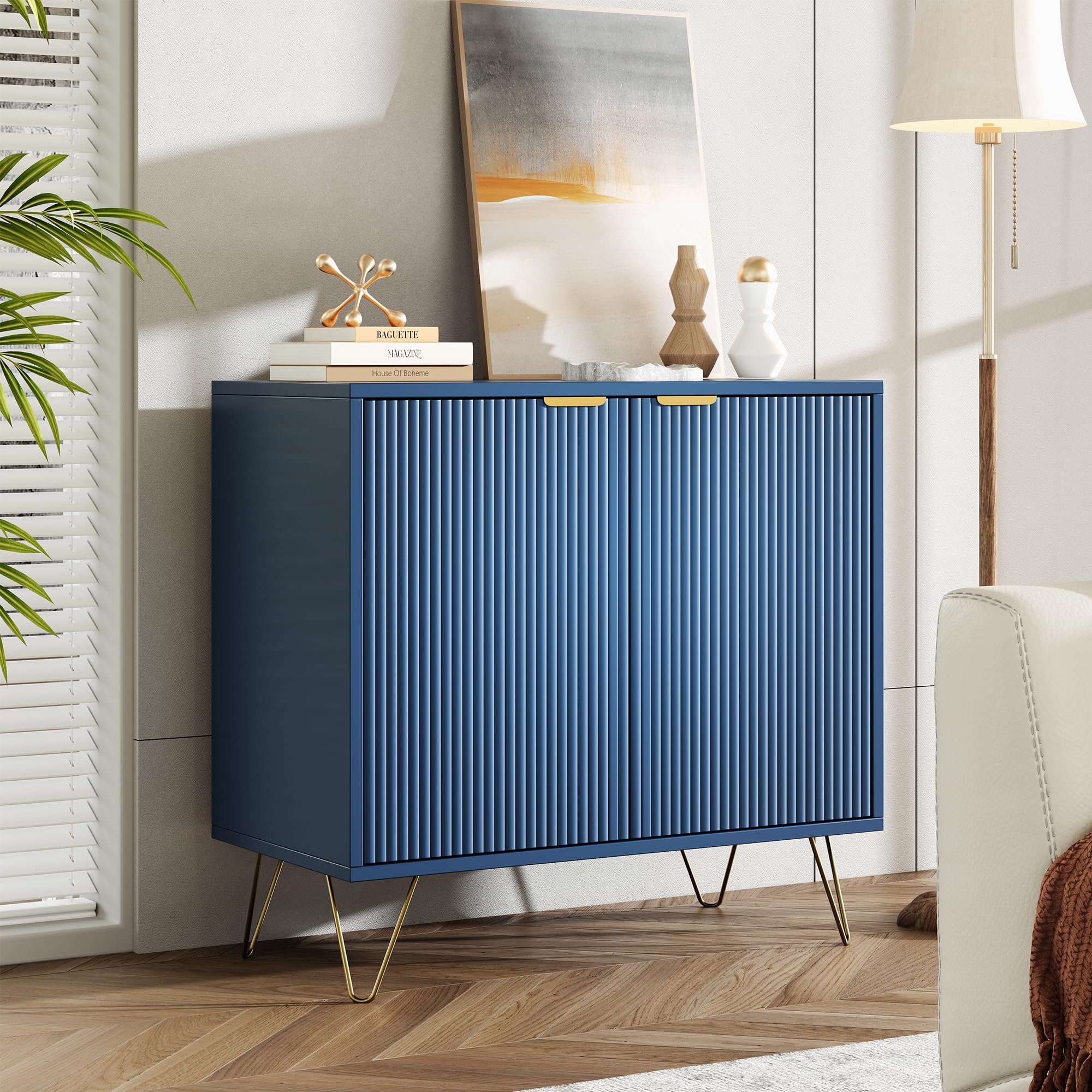Mobile a due ante con ripiano e comodino in legno, piccola credenza con 2 scomparti portaoggetti, buffet basso, basso da cucina, blu (blu)