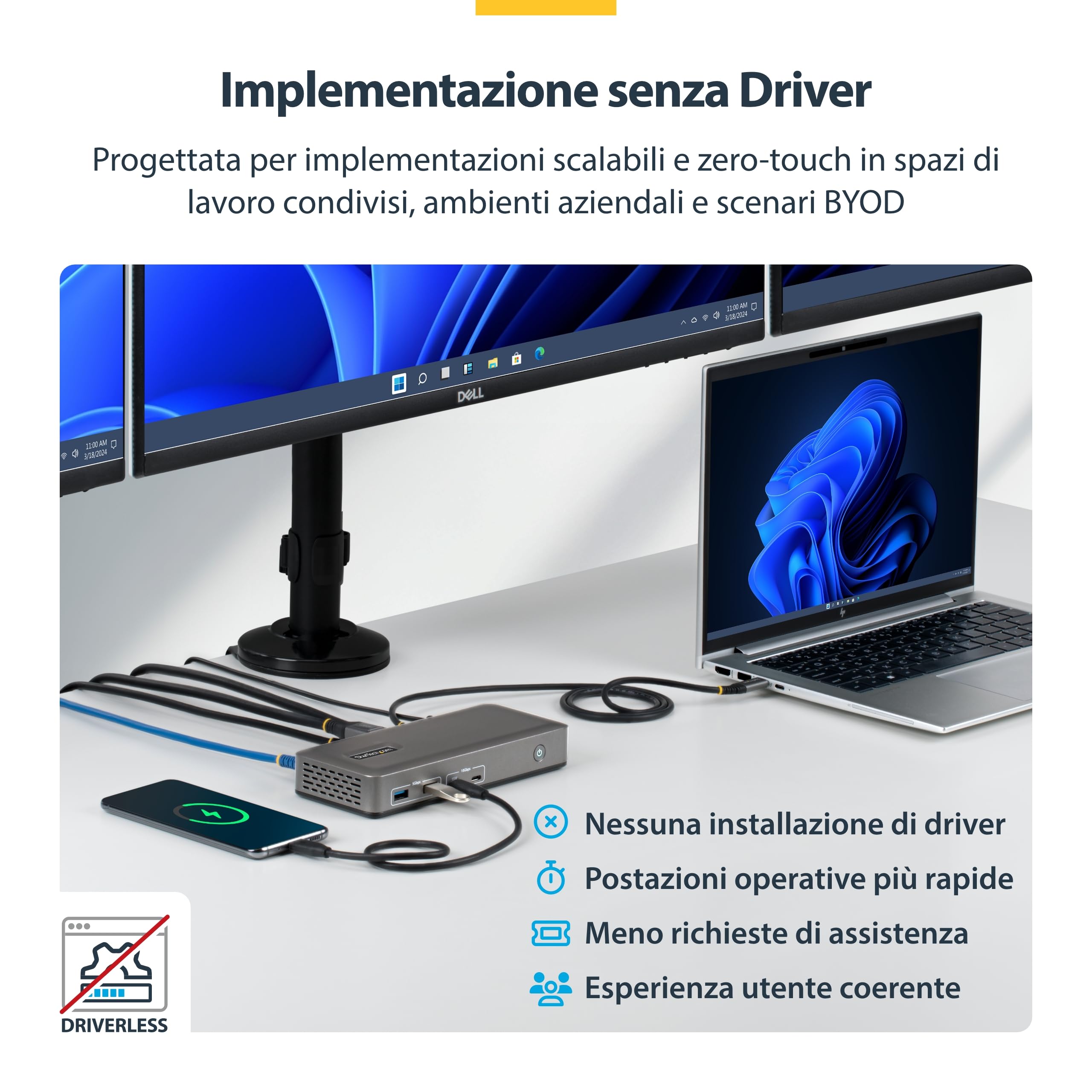 StarTech Dock USB-C Driverless Triplo 4K Windows, DP e HDMI, 100W, 1GbE | Ideale per laptop Windows, Triplo monitor, Power Delivery, Ricarica del notebook