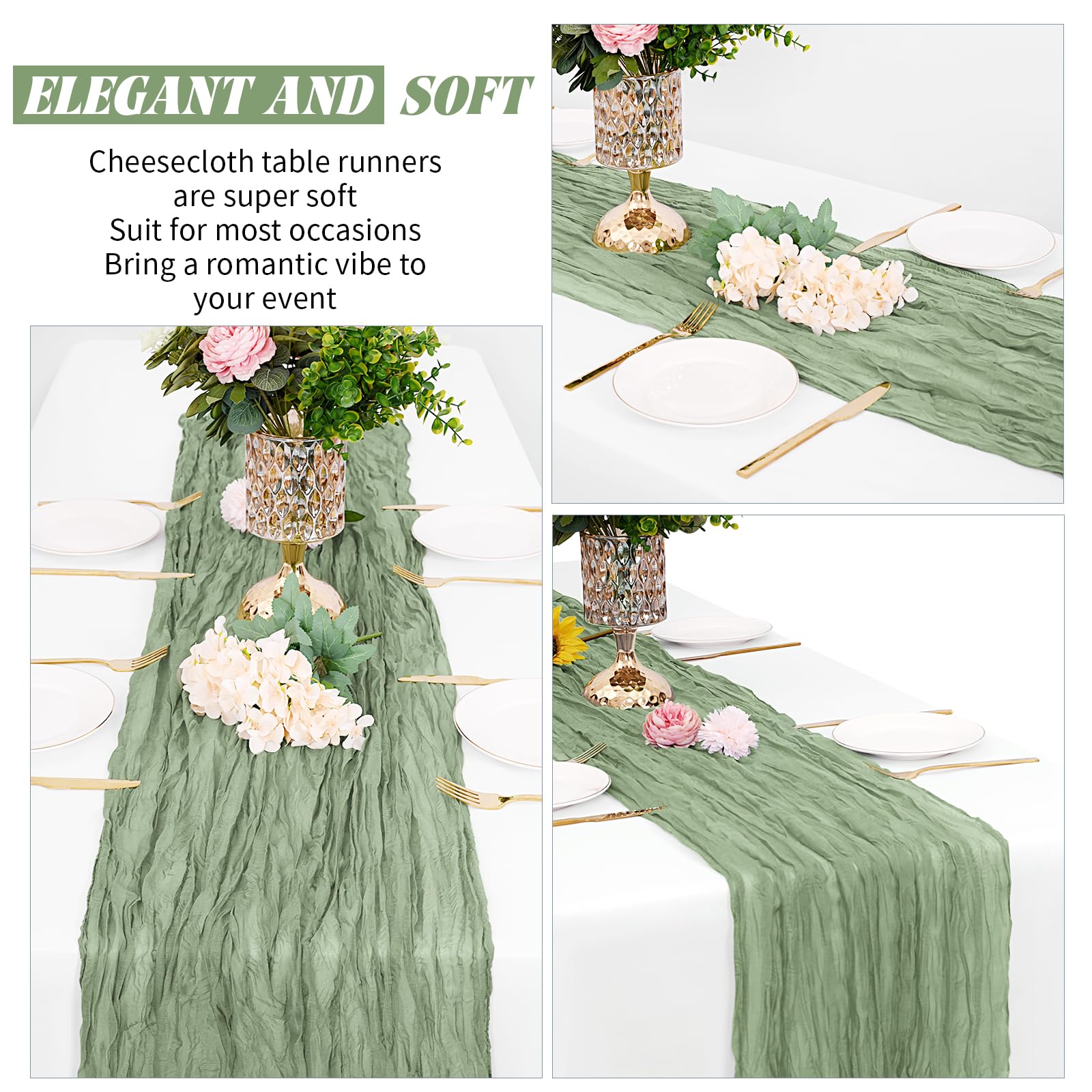 Paquete De 20 Caminos De Mesa De Gasa Verde Salvia, Tela De