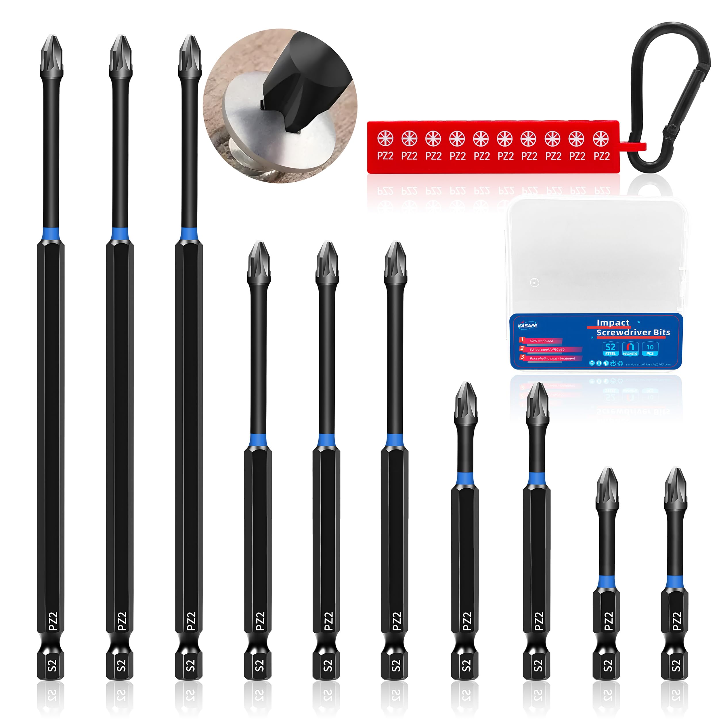 KASAFE 10 Pcs PZ2 Magnetic Impact Screwdriver Bits,S2 Steel Pozidriv Screwdriver Bit Set,Mixed Lengths Durable Design for Heavy-Duty Use, Universal 1/4" Hex Shank for Power Drivers