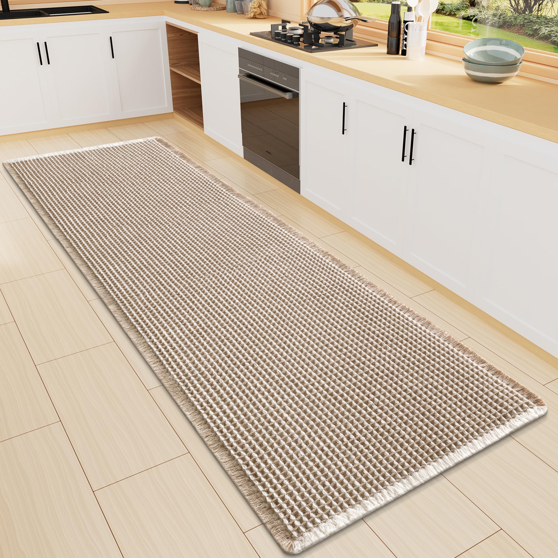 Smiry Waffle Bath Mat 47X16, Soft Absorbent Bathroom Rugs, Brown &amp; Cream