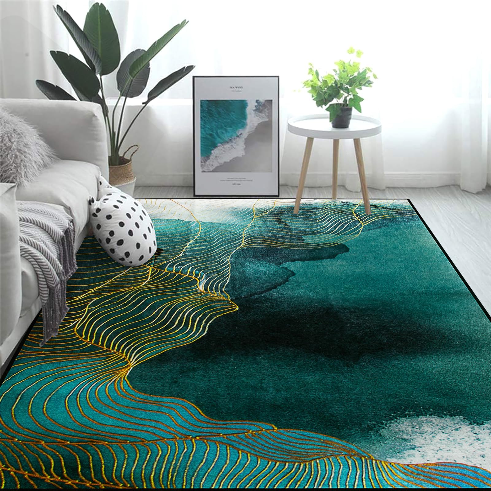 WAHIKASKI Living Room Rug, 200 x 290 cm, Green Abstract Design, Golden Lines, Soft Short Pile, Non-Slip Washable, for Hallway, Dining Room, Kitchen and Children's Room