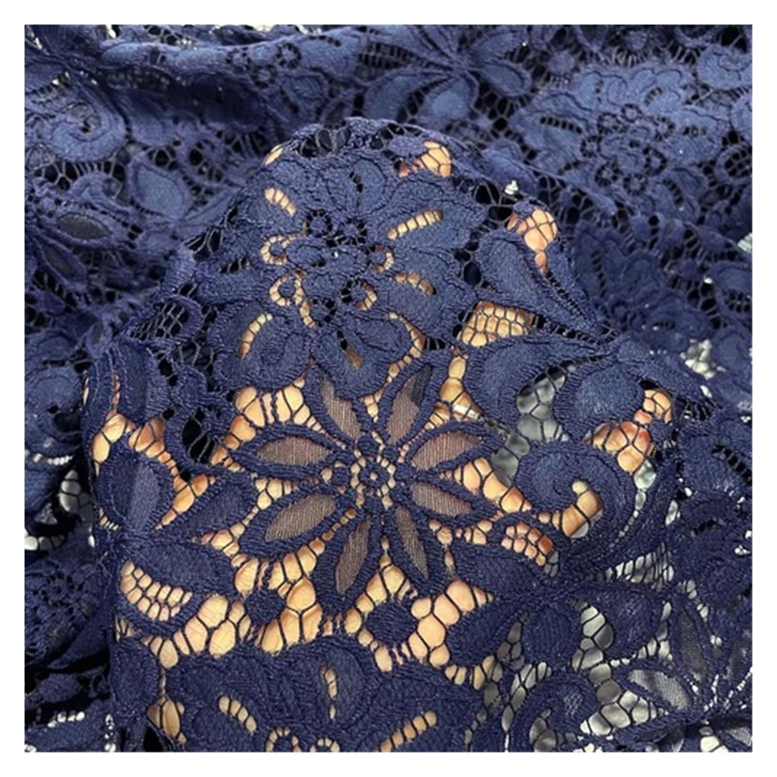Lace Fabric By The Meter for Dresses Clothes Sewing Plain White Embroidery Hollow-Out Pressed Yarn Flowers Three-Dimensional DIY(Blue)
