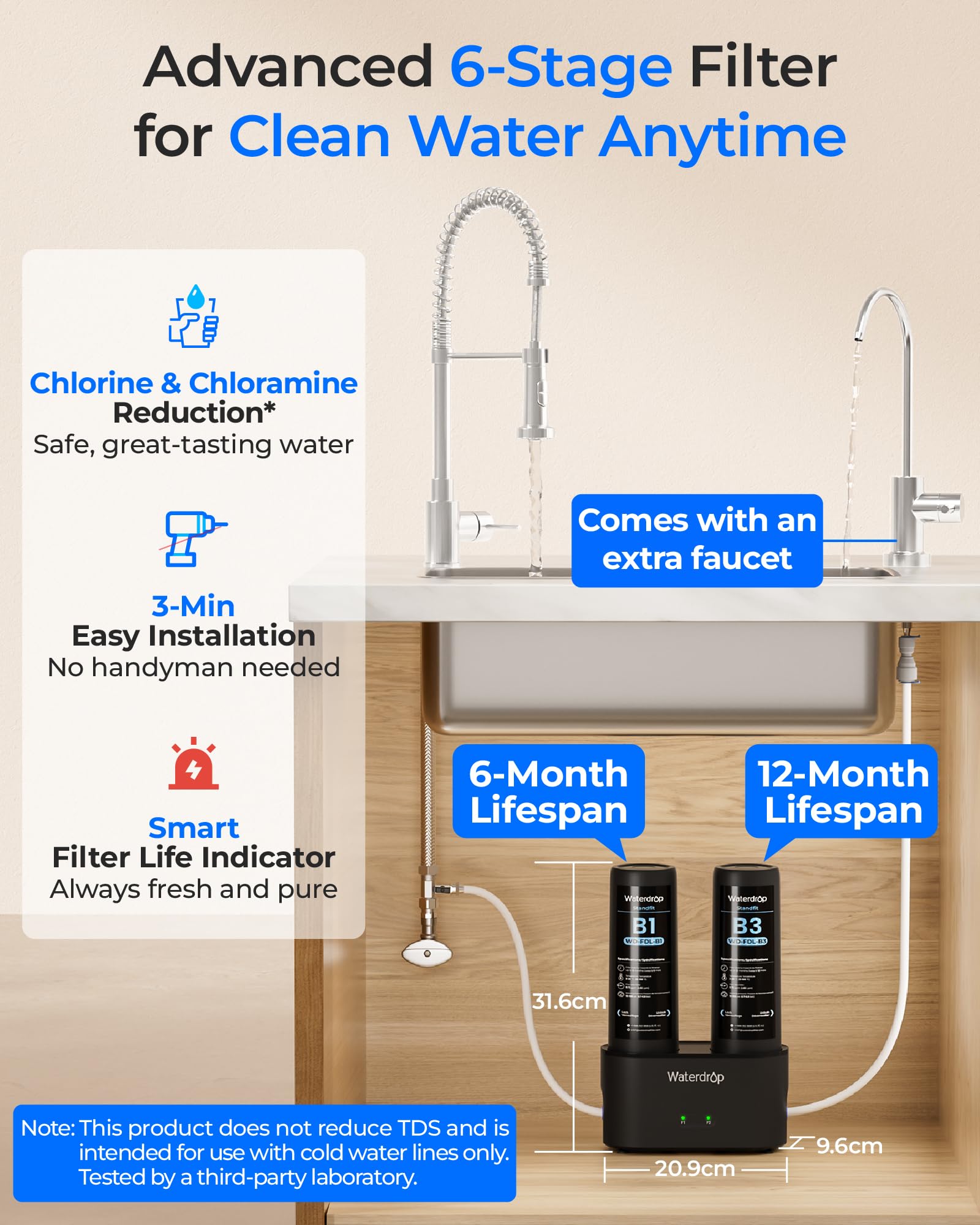 Waterdrop DLB Filtro De Agua Bajo Fregadero, Reduce Cloro, Cloramina, PFAS, Mal Sabor, Con Grifo Separado, Indicador De Vida Útil, 2 Etapas