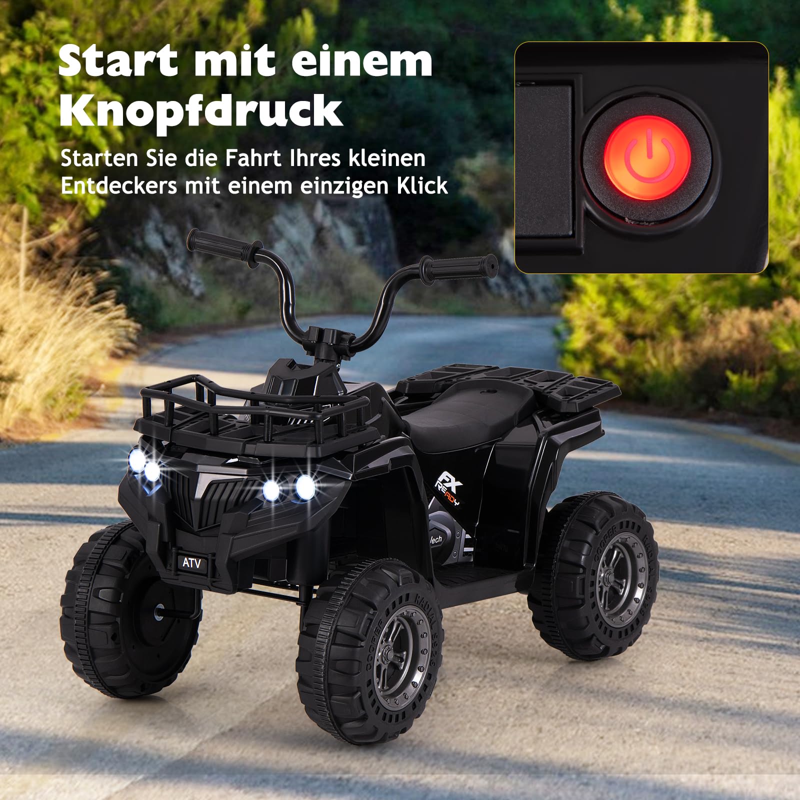 COSTWAY 6V Kinder Quad Elektro, Kinderquad mit Vorwärts-, Rückwärtsfunktion, Elektroquad mit LED-Scheinwerfern, Aufbewahrungskorb & Musik, Elektroauto ATV für Kinder ab 2 Jahren (Schwarz)