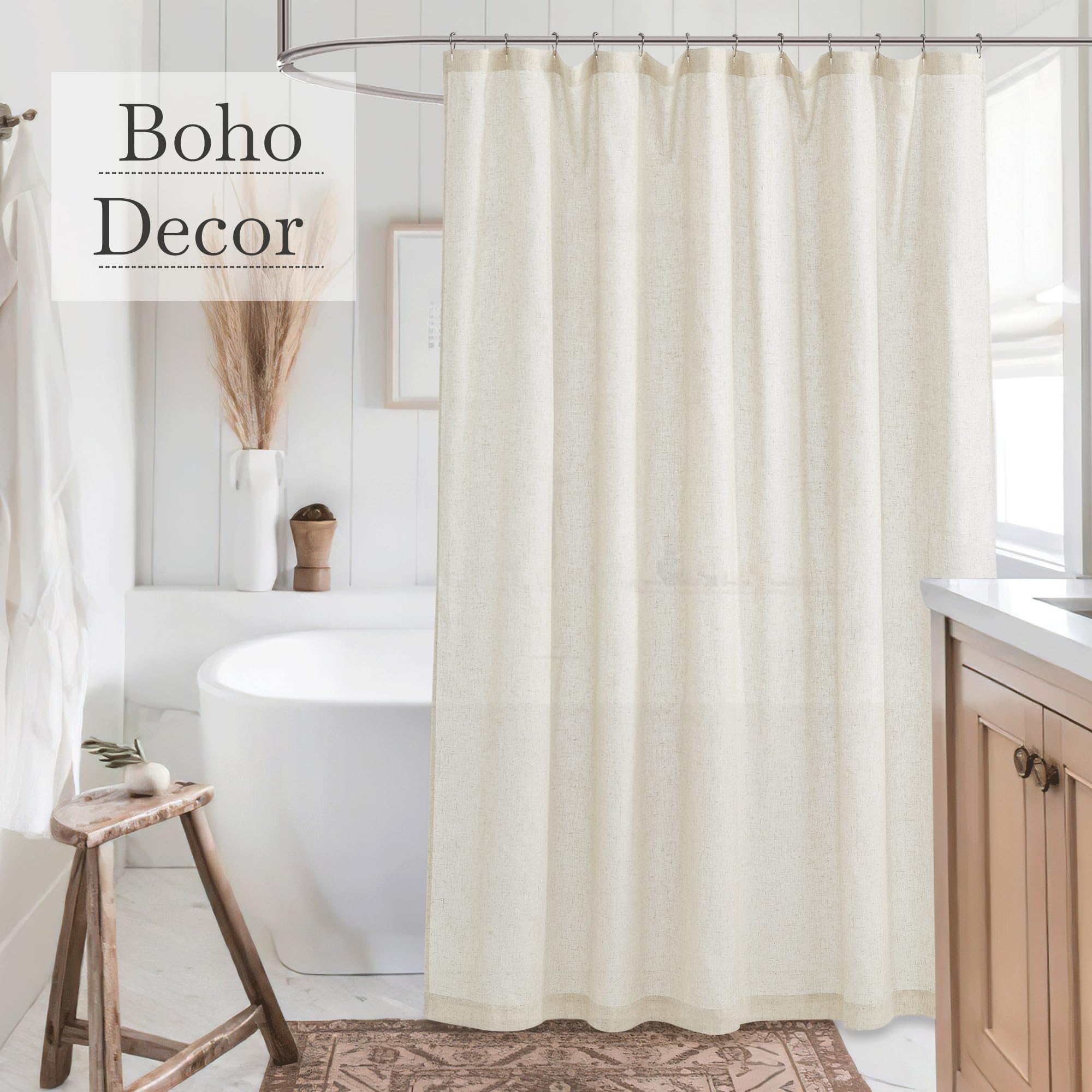 KGORGE Rideau de Douche en Lin Naturel pour Salle de Bain – Rideau de Douche Semi-Transparent et imperméable en Lin mélangé avec Trou de Bouton pour Baignoire, 182,9 x 243,8 cm de Long, Crochets