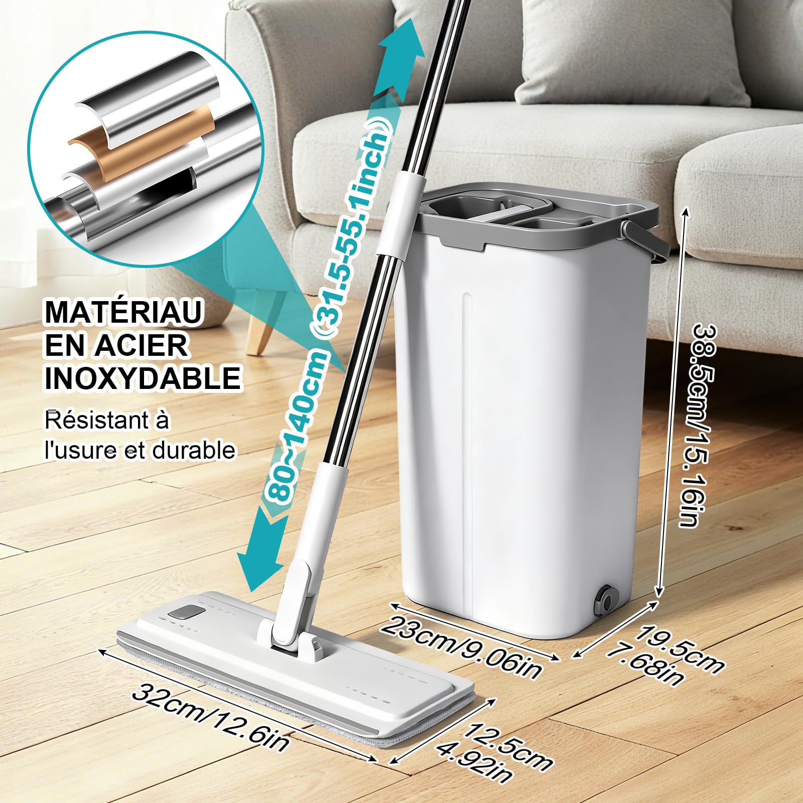Masthome Serpillière Seau Essoreur 2 en 1, Balai Plat Microfibre avec Manche INOX 140cm, Tête Rotative 360°, 4 Recharges Réutilisables, Nettoyage Hygiénique pour Tous Sols