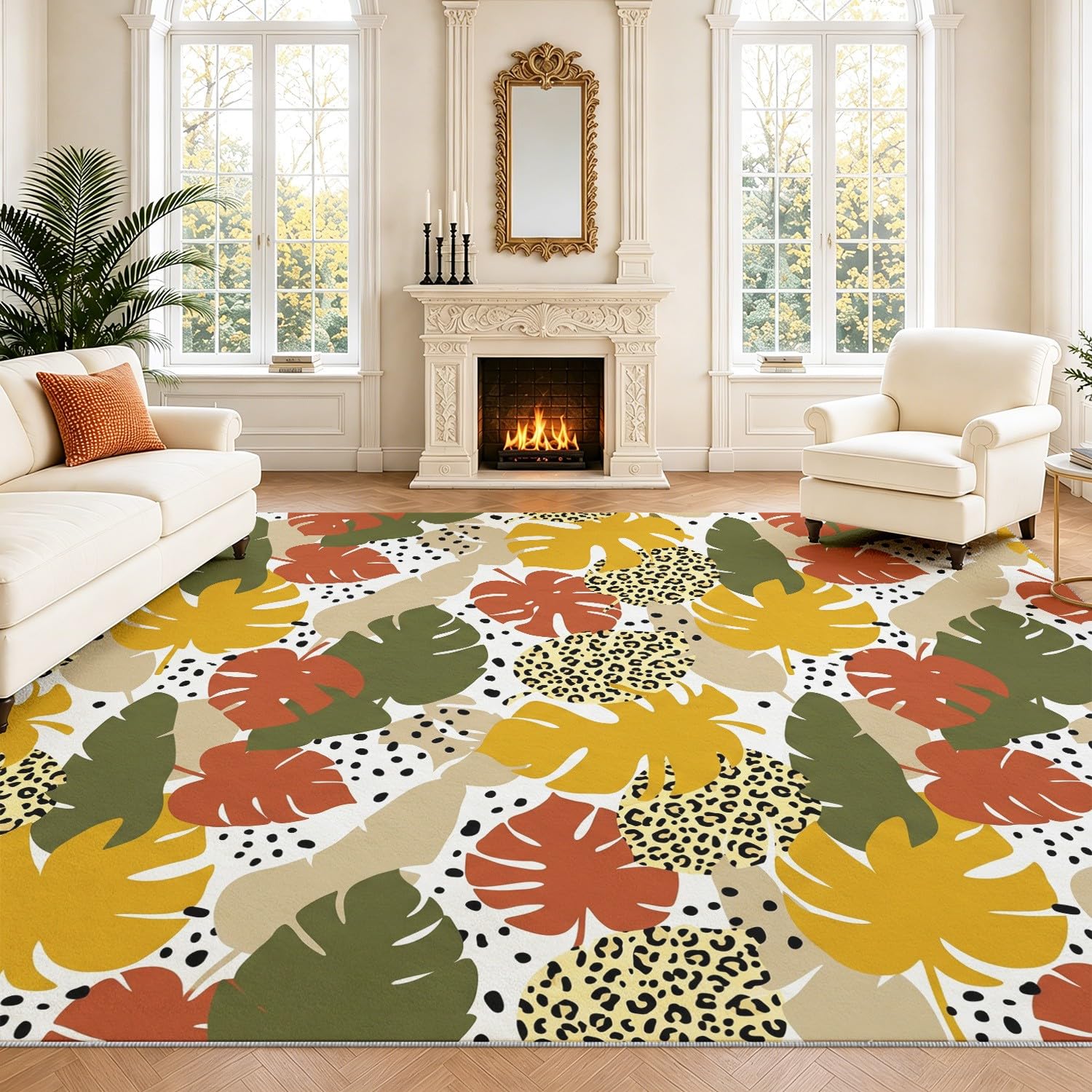 Tappeto per soggiorno, moderno, 120 x 170 cm, lavabile, antiscivolo, morbido, a pelo basso, antimacchia, motivo con foglie, decorazione per interni