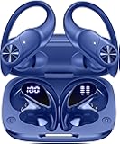 PocBuds Bluetooth Headphones Wireless Earbuds 80hrs Playtime Wireless Charging Case Digital Display Sports Ear Buds with Earhook Deep Bass IPX7 Waterproof Over-Ear Earphones for TV Phone Laptop Navy