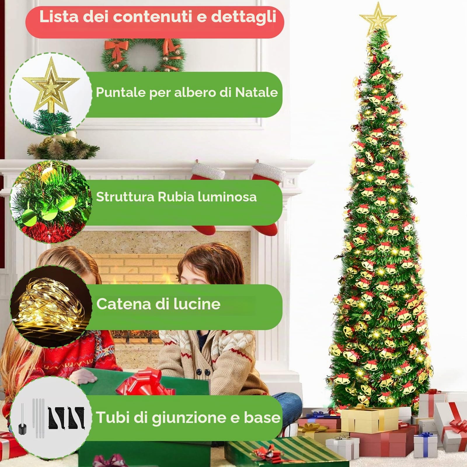 150cm albero di natale pop up con luci incorporate,christmas tree pieghevole con 1 stella e 50 Luci LED,albero di natale pronto in 5 minuti,decorazione d'interni natalizia,paillettes a campana