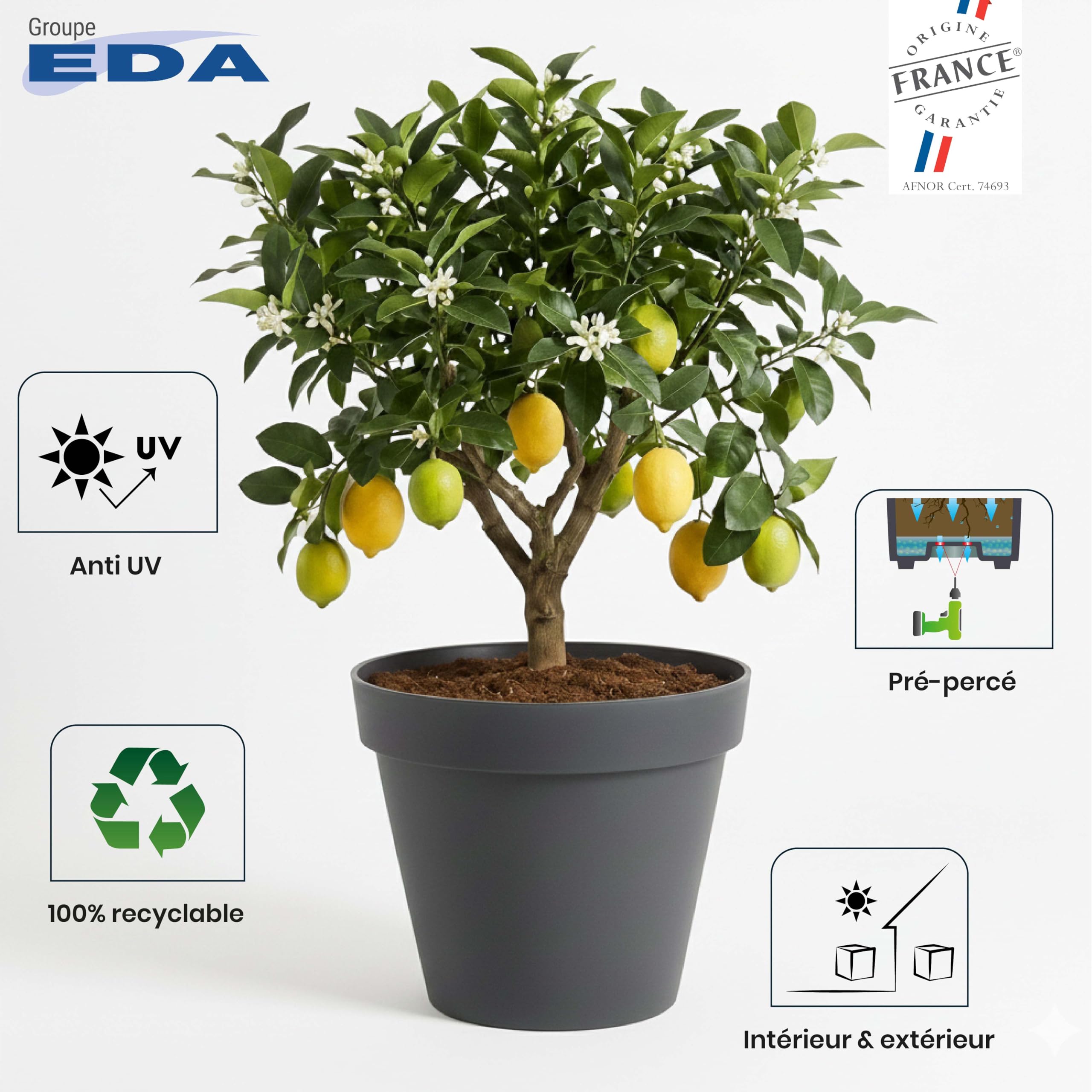 EDA - Vaso di Fiori Rotondo Toscana Ø 48 cm - Volume 43 L - Ø 47,5 x H.39 cm - Grigio Antracite