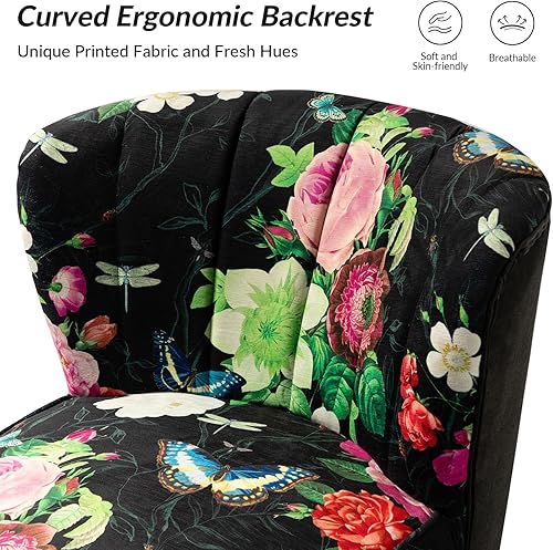 Miniatura 4 de HULALA HOME Silla decorativa con patas de metal dorado, cómoda silla de sala de estar, silla auxiliar pequeña sin brazos de tela floral para