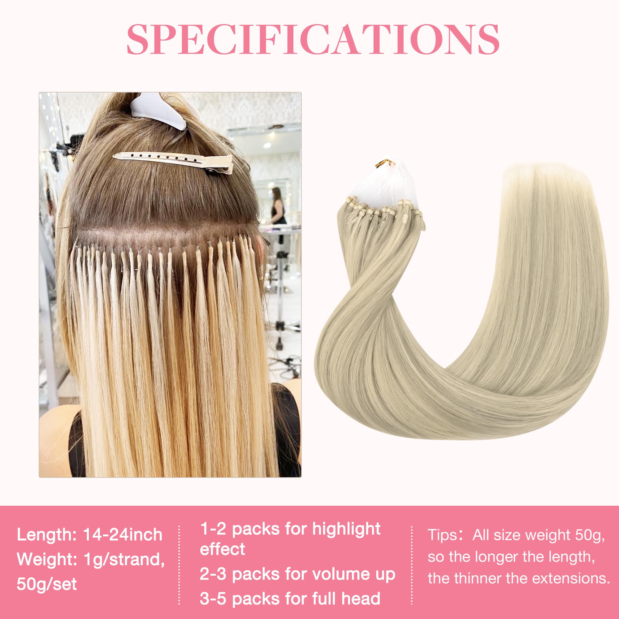 GOO GOO Dopinki z mikro-ringami, prawdziwe włosy, przedłużki z mikro-pętelkami, 35 cm, 50 g, 1 g/plaża, doczepiane włosy, mikro-pierścienie, Cold Fusion, mikro-koraliki, 17A/60A, popielaty blond