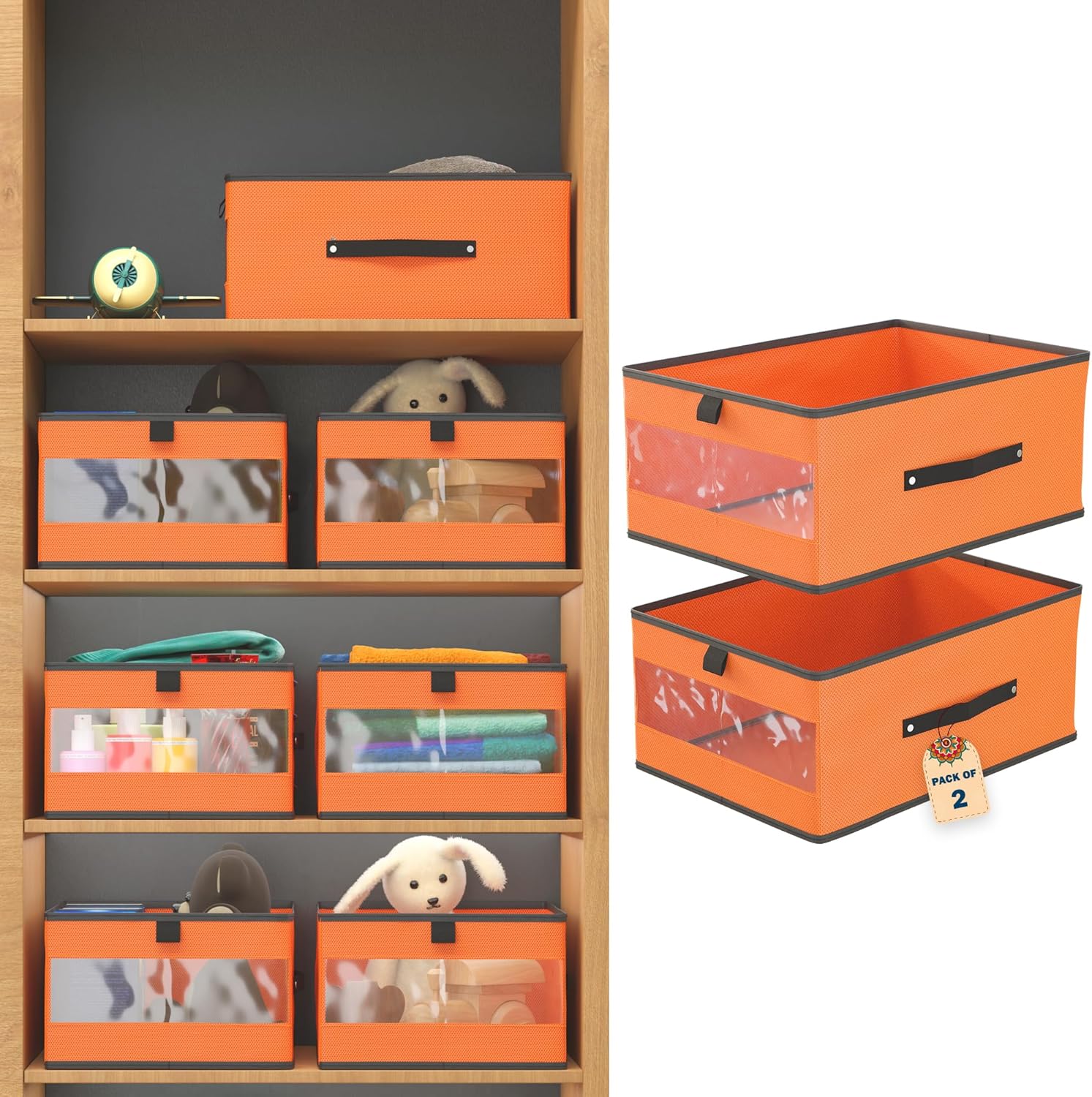 (Pack of 2) Storage Box | Wardrobe Organizer | Foldable Storage Organizer with Transparent Window | Closet Drawer Organizer for Saree, Shirts, Blankets, Books & Toys | Orange