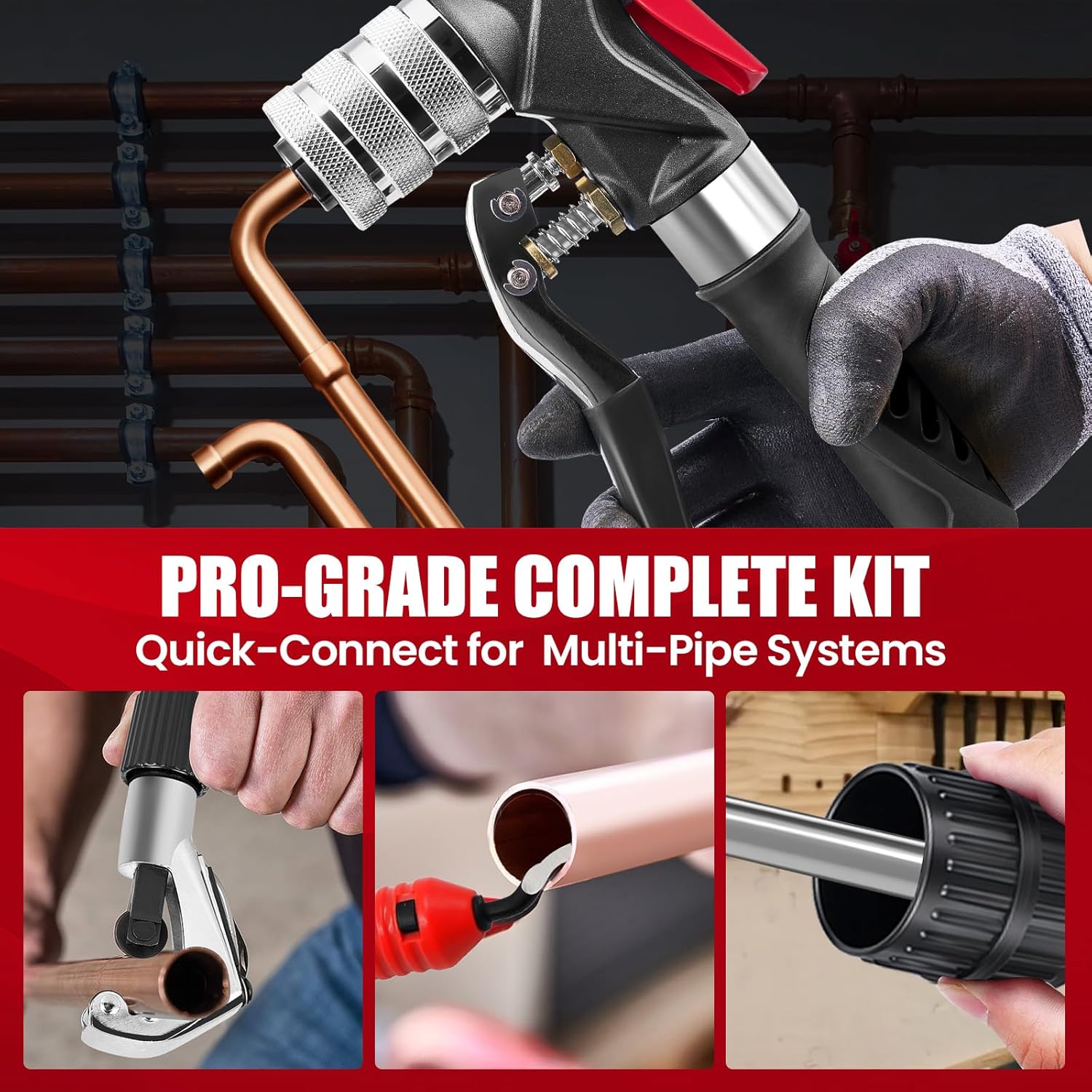 Hydraulic Swaging Tool, HVAC Copper Tubing Expander with 7 Pipe Expanding Jaws, 3/8 to 1-1/8 Inch, Pipe Cutter, Deburring Tool, Chamfering Tool for Soft Copper and Aluminum Pipes