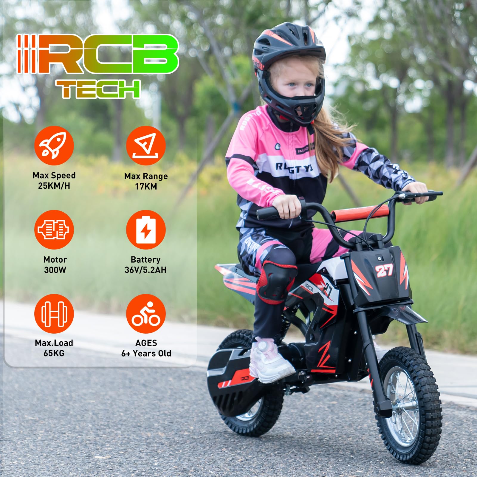 RCB TECH R9X Moto Électrique Enfants, Moteur performant, 3 Modes de Vitesse, Max 25km/h, autonomie Max 17KM, pneus pneumatiques 12 Pouces, vélo Moto Cross pour Enfants âgés de 6+ Ans