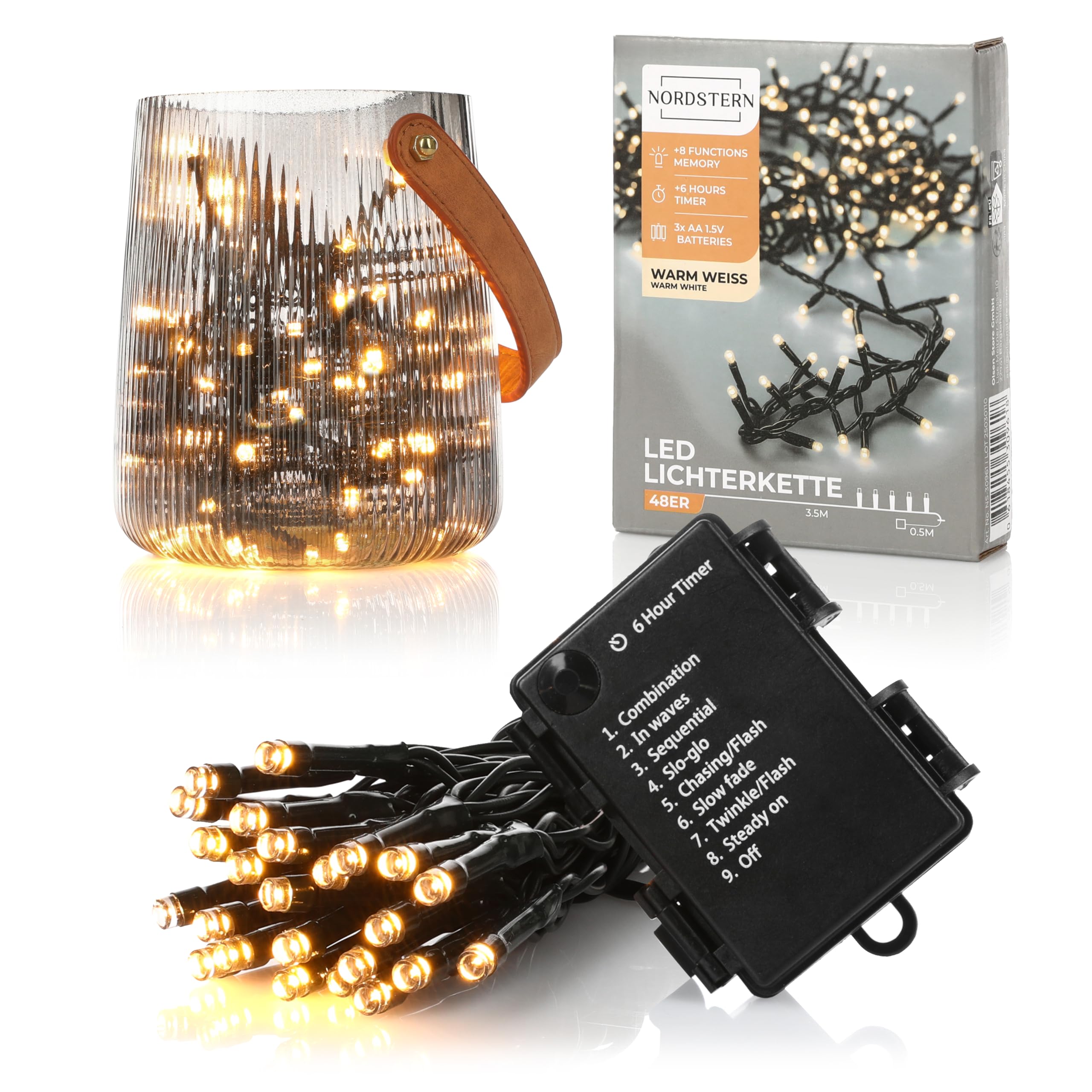 Nordstern LED Fairy Lights, Warm White, 48 LEDs, Indoor and Outdoor Lights, 3.5 m incl. Timer and 8 Light Modes, Battery Operated Christmas Lights