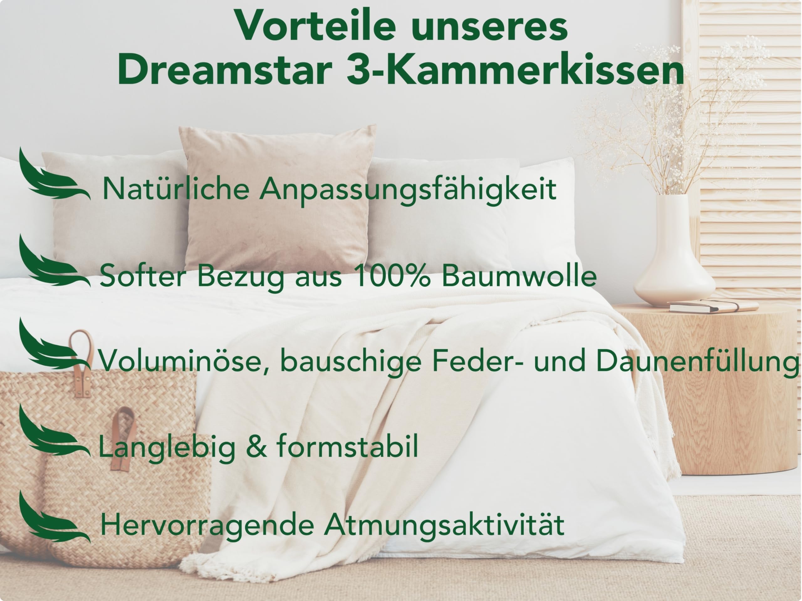 DREAMSTAR Daunenkissen 80 x 80 cm | 3-Kammer Daunenkopfkissen | Kopfkissen 80 x 80 Daunen & Federn | Kissen Öko-TEX® | Top Hotelqualität | Allergiker geeignet