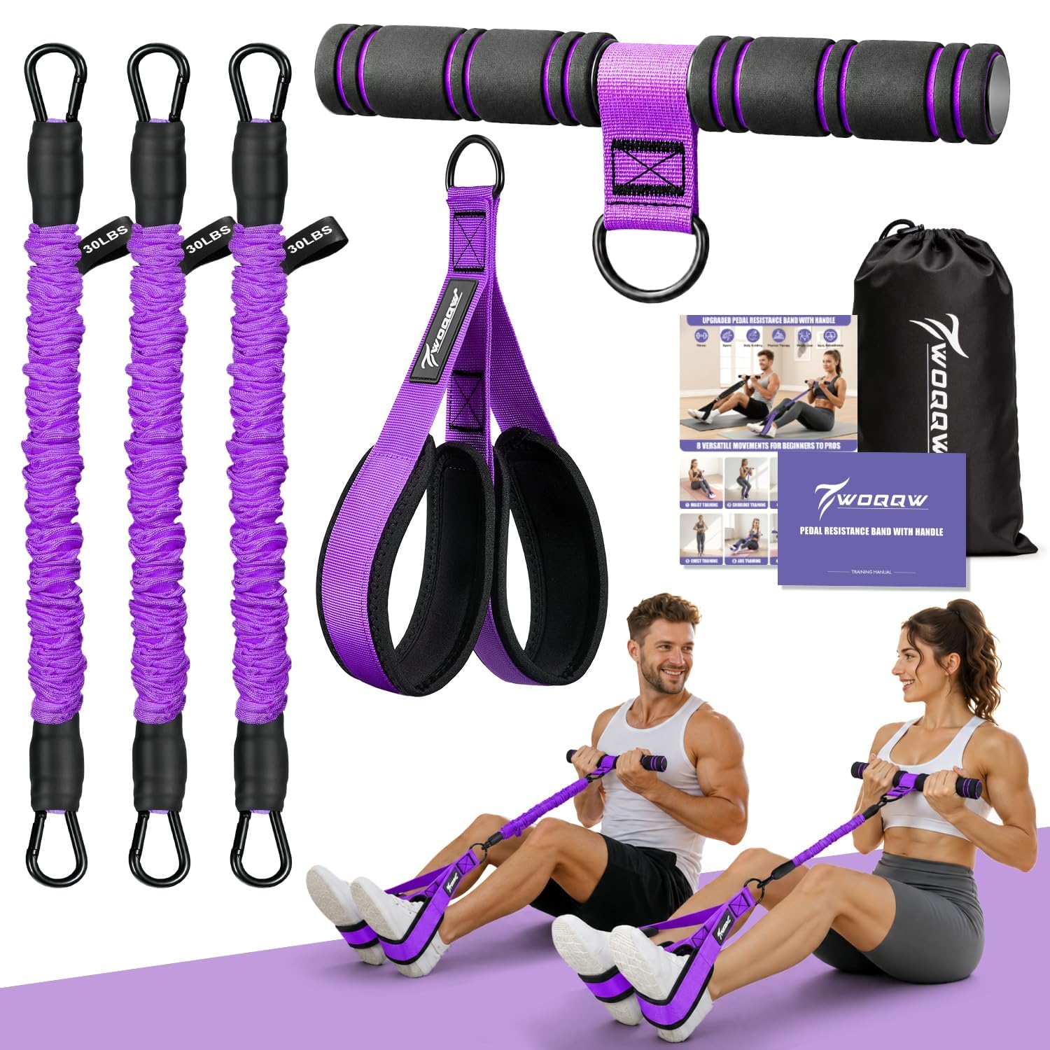 Multifunction Pedal Resistance Band with Handles, Adjustable 3-Tube Design
