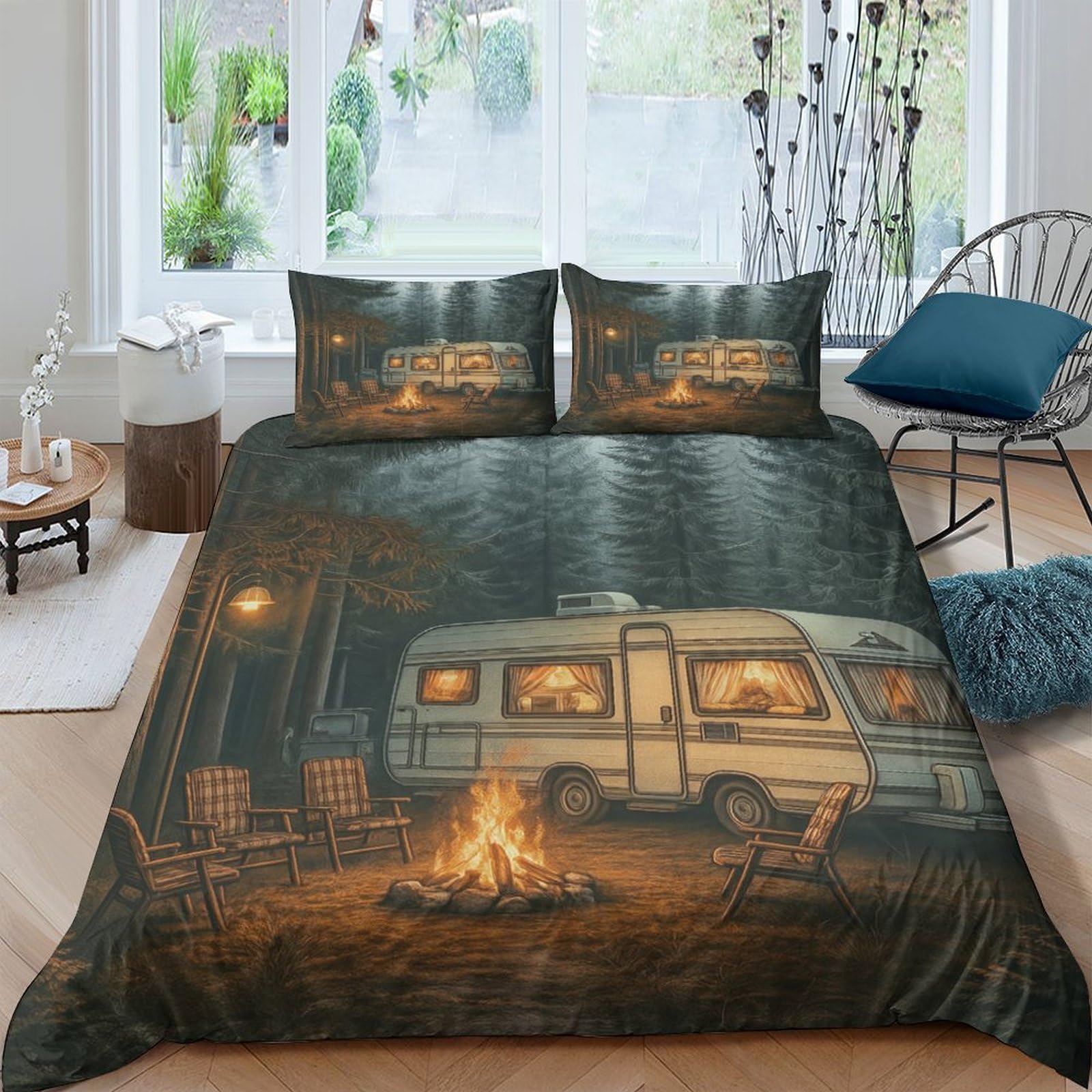 Ctjqhvkz Style-9 3D Printed Camper Fire Fitted Sheet Microfiber Soft Decor Forest Night Bed Cover For Bedroom Guest Room Single（135X200cm）