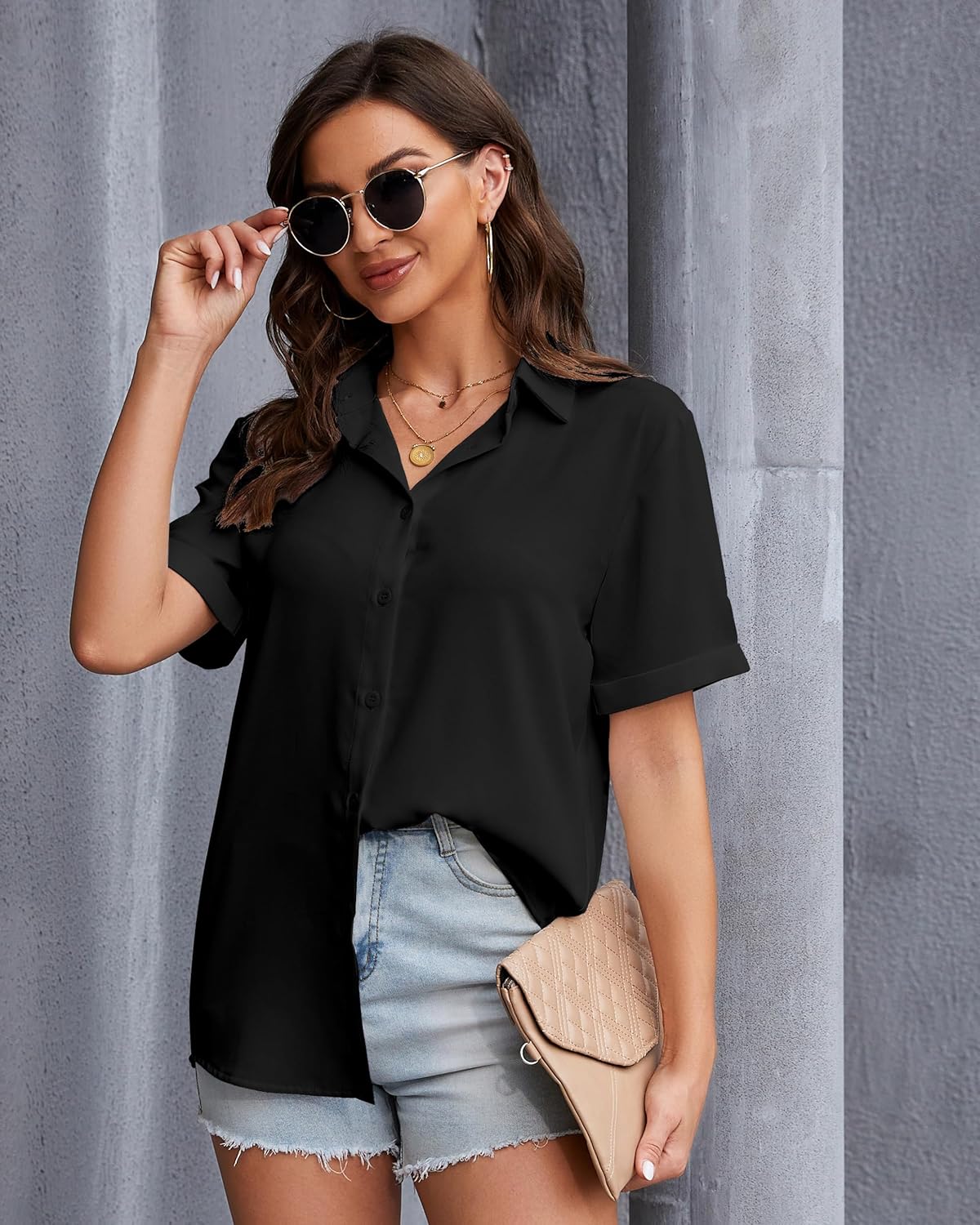 YAMANMAN Womens Button Down Shirt Short Sleeve Classic Collared Blouse Work Office Casual Chiffon Tops - Image 3