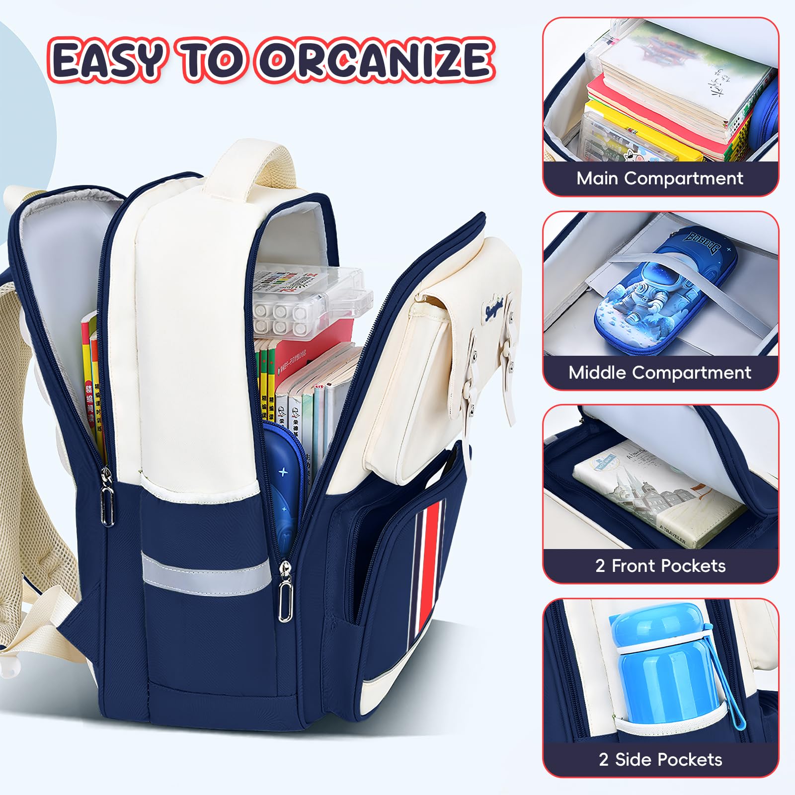 Amythe Sac à Dos Garçon Ergonomique Primaire,Cartable Enfant Scolaire avec Ceinture Poitrine, Sac Ecole Imperméable pour CP CE 6 à 10 ans-Bleu
