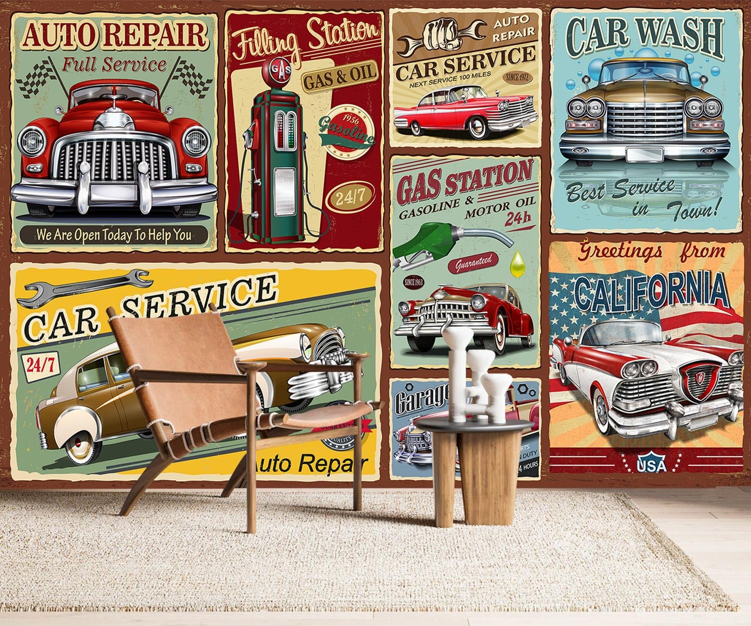 Papel tapiz de coche vintage crea un ambiente retro único en tu habitación