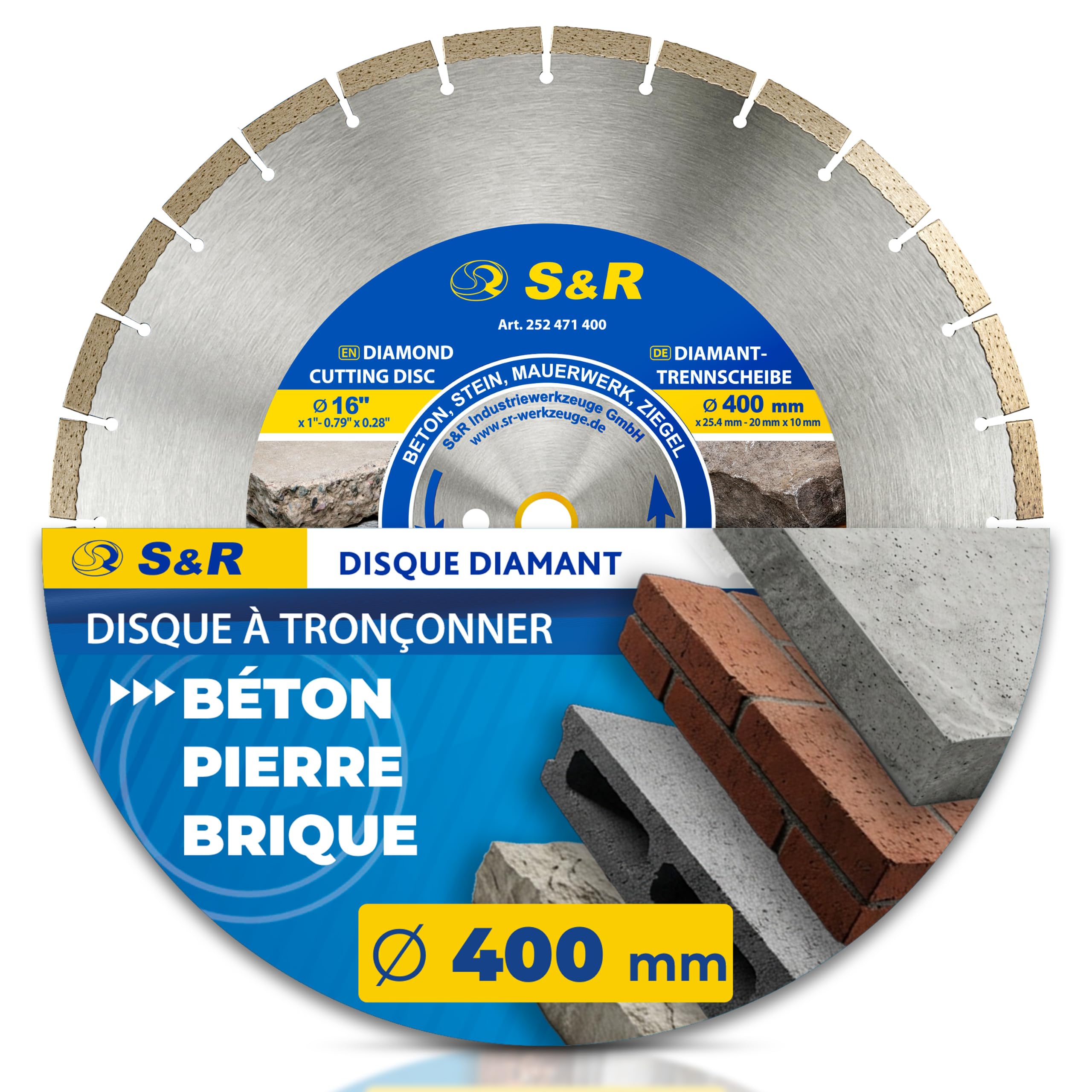 S&R Disque diamant 400 mm Béton. Disque Meuleuse 400 à tronçonner couper | Pour Béton - Pierre - Brique - Maçonnerie - Alésage 25,4 mm - Coupe à sec et à eau - Segments 10 mm