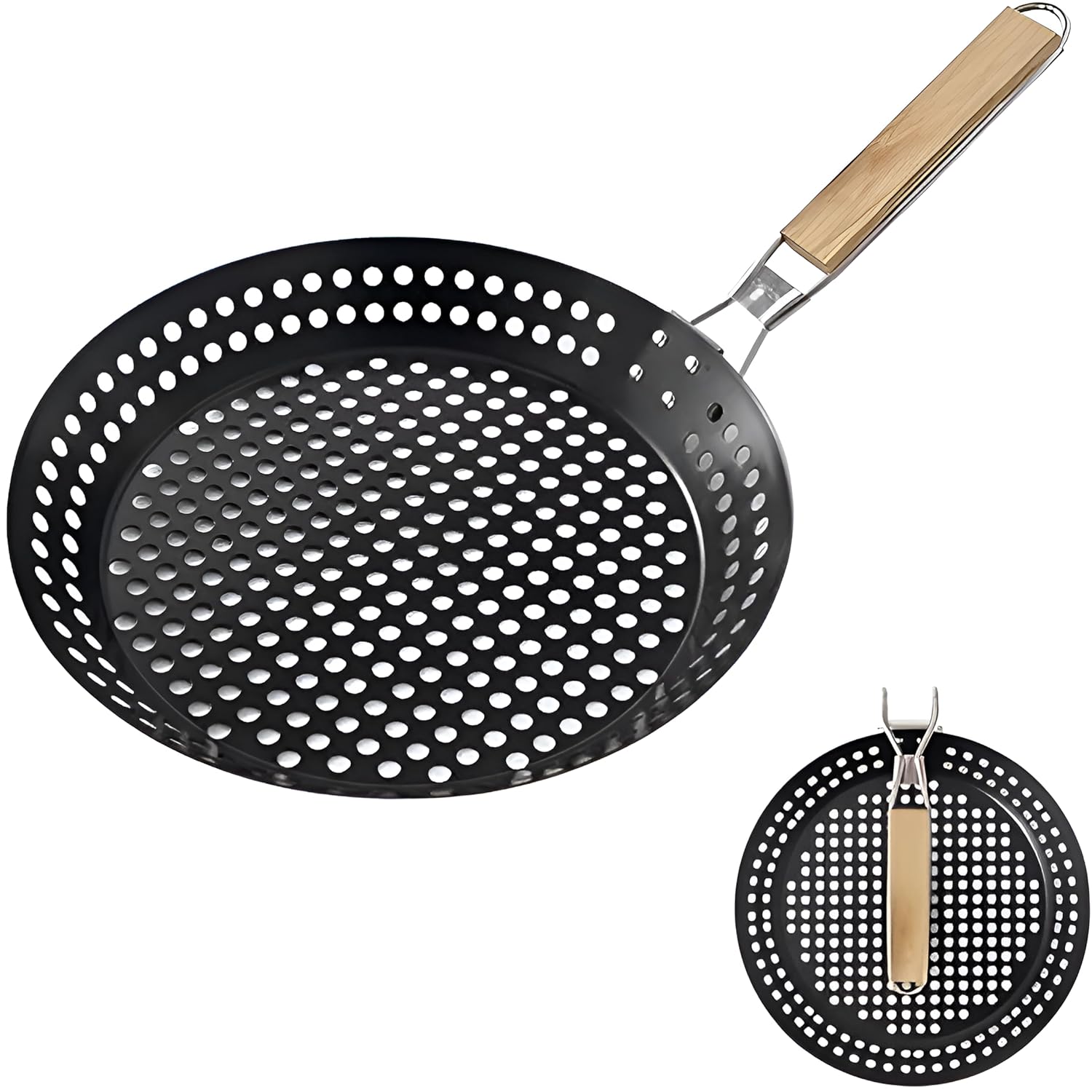 Folding Round BBQ Frying Pan with Non-Stick Grilling Holes Pan for Stove Top with Removable Folding Wooden Handle for Outdoor Camping Cookware Griddle Grill Pan Kabob Pan [ 53x30x8 CM ]