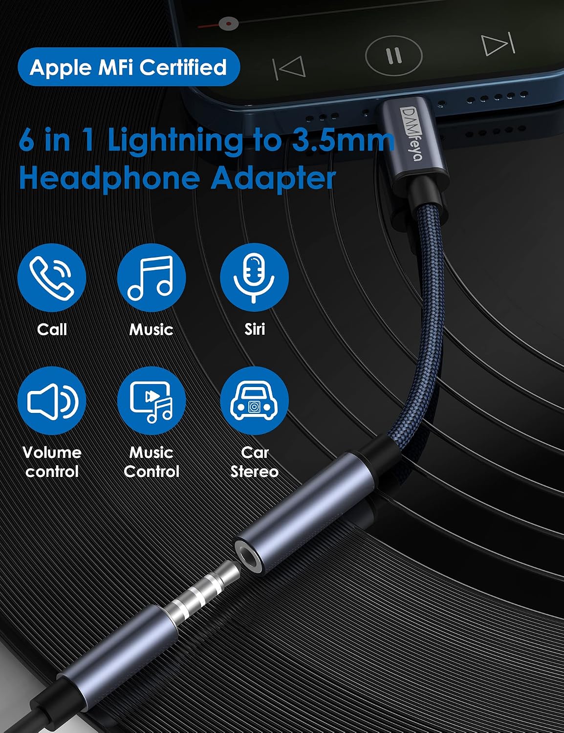 [Apple MFi Certified] Lightning to 3.5 mm Adapter, DAMfeya iPhone Headphones Jack Audio Cable Compatible with iPhone 12/Mini/Pro Max/11/8/8 Plus/X/Xr/Xs/7/7 Plus/iPad, Music Control & Calling Function