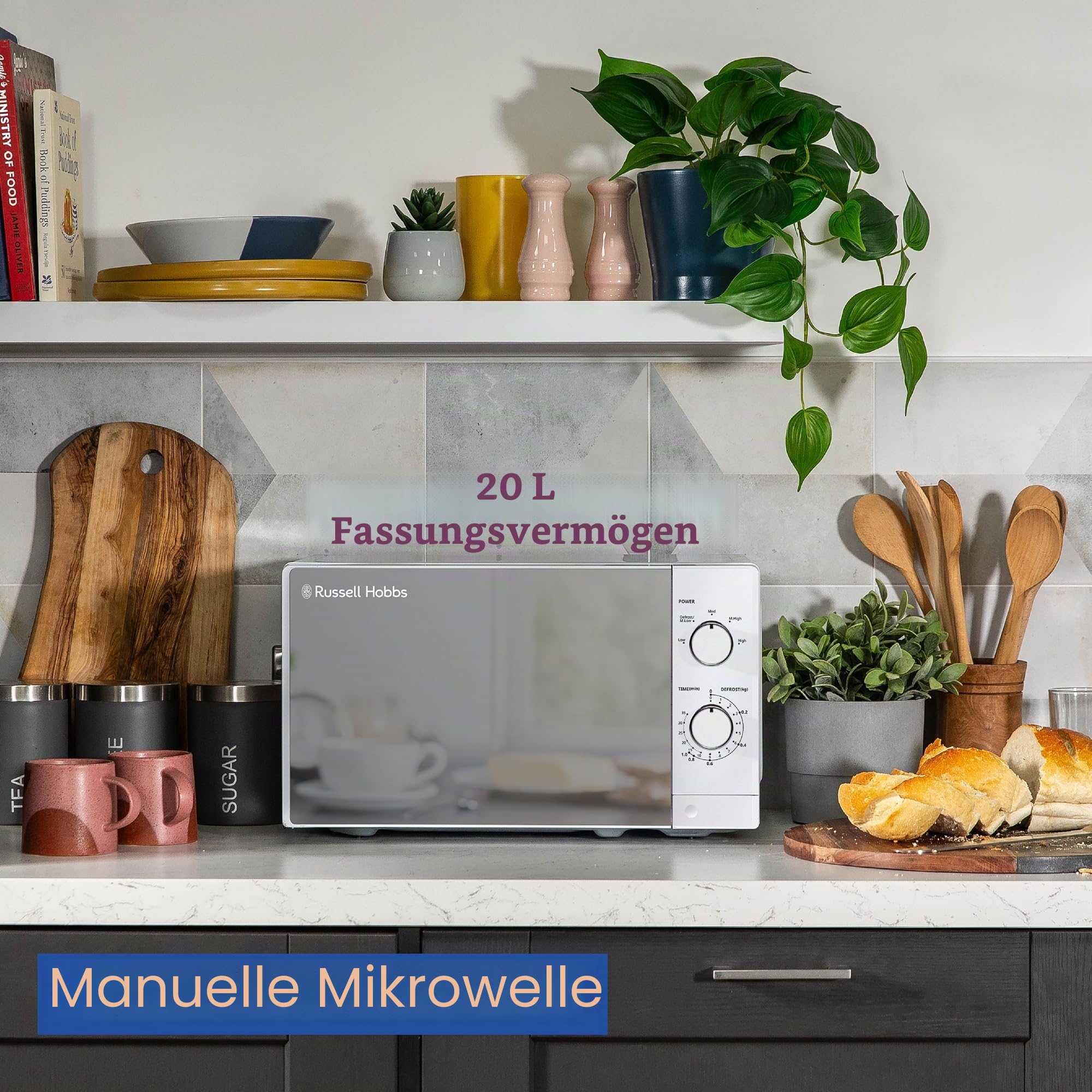 Russell Hobbs Hand-Mikrowelle 20 Liter 800 W, 5 Leistungsstufen, integrierter Timer und Auftaufunktion, leicht zu reinigen RHM2027