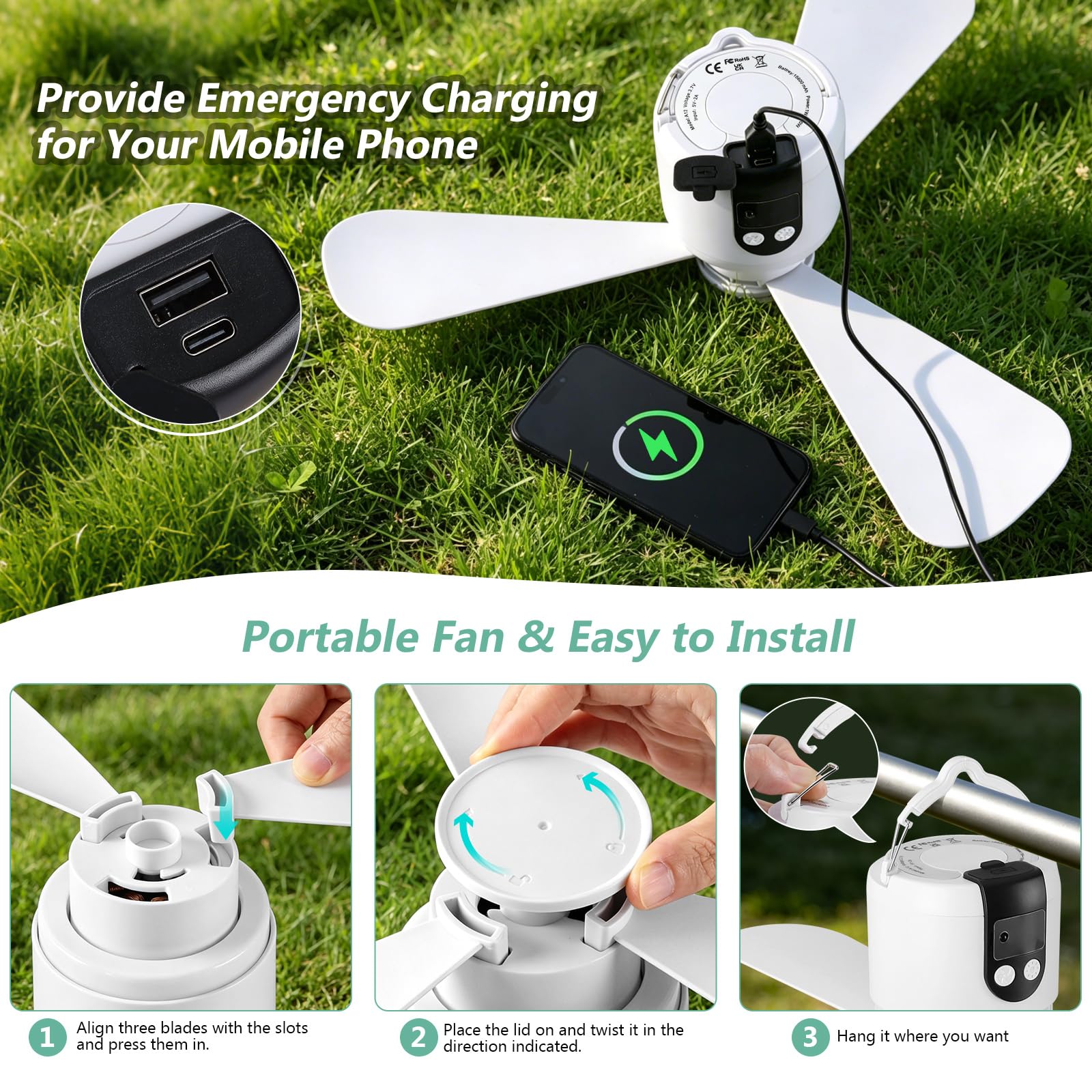 YISUN Ventilador de Camping con Luz LED,15600mAh Recargable por USB, Portátil con Mando a Distancia,Temporizador,3 Velocidades,Para Tiendas de Campaña,Habitaciones,Caravanas