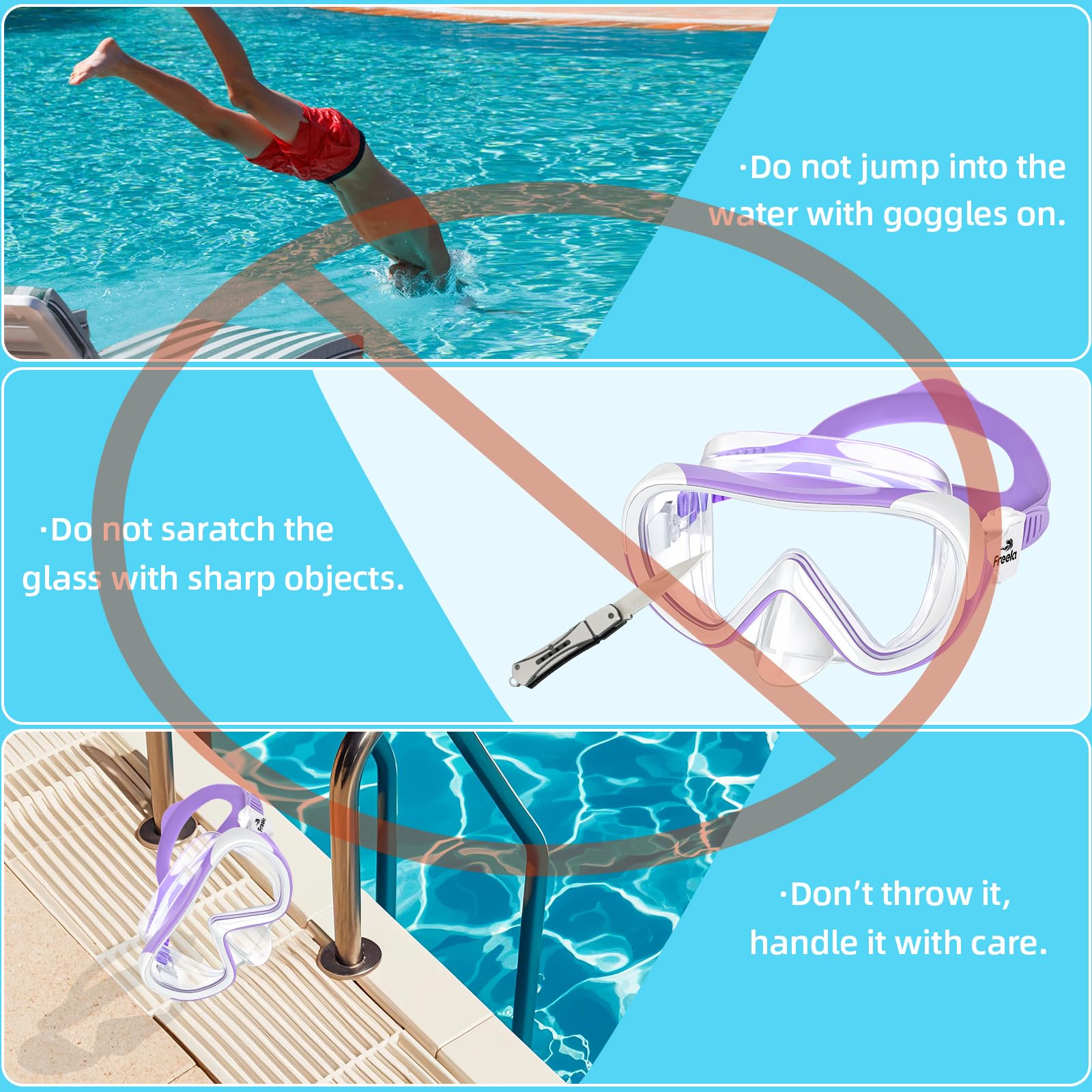 Freela Gafas de natación para niños de 3 a 15 años con cubierta de nariz, lente de vidrio templado antivaho, sin fugas, máscara de buceo de visión clara de 180°