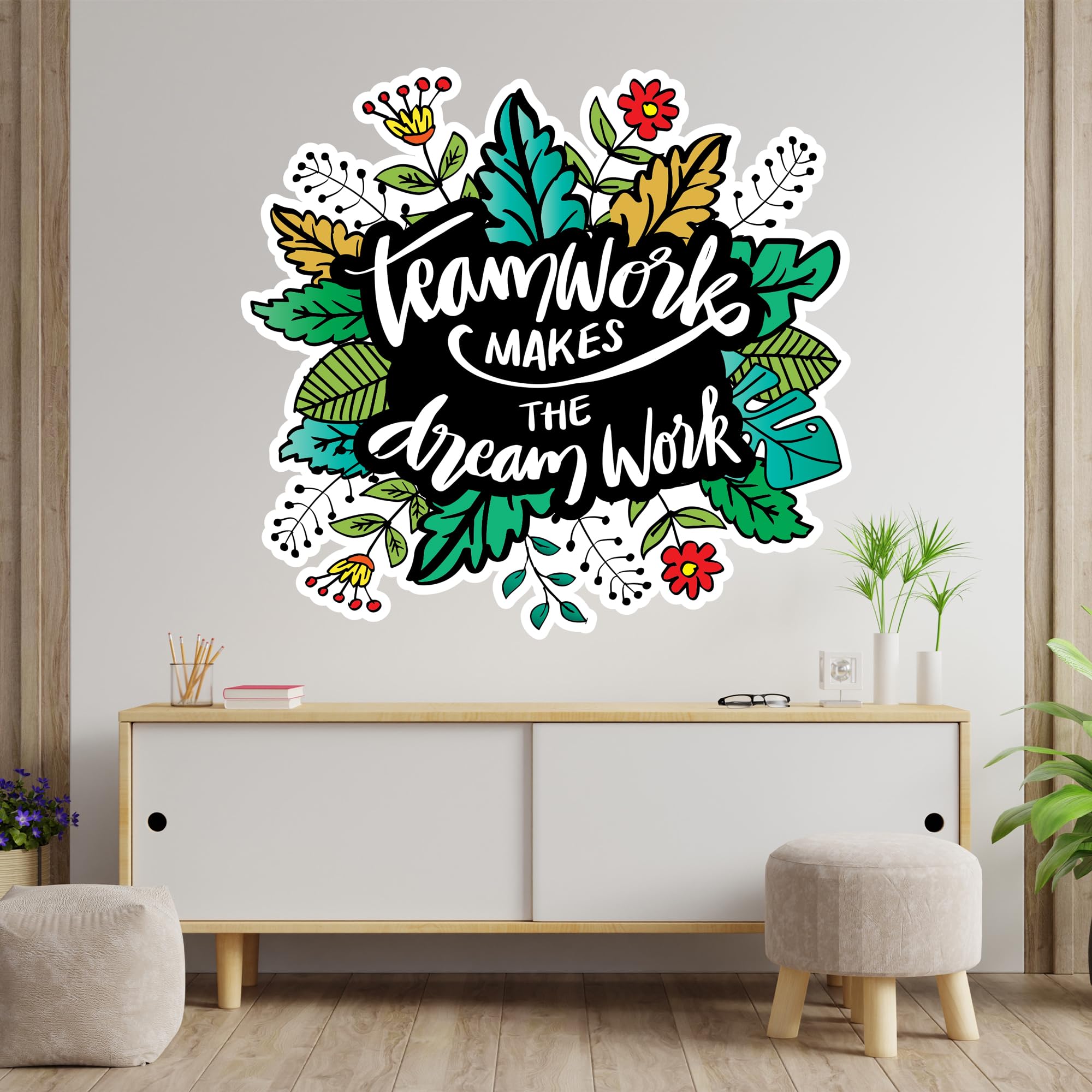 Office Wall Sticker - Teamwork Makes The Dream Work Flower Quote Work Wall Decal Art (90cm Width x 85cm Height)
