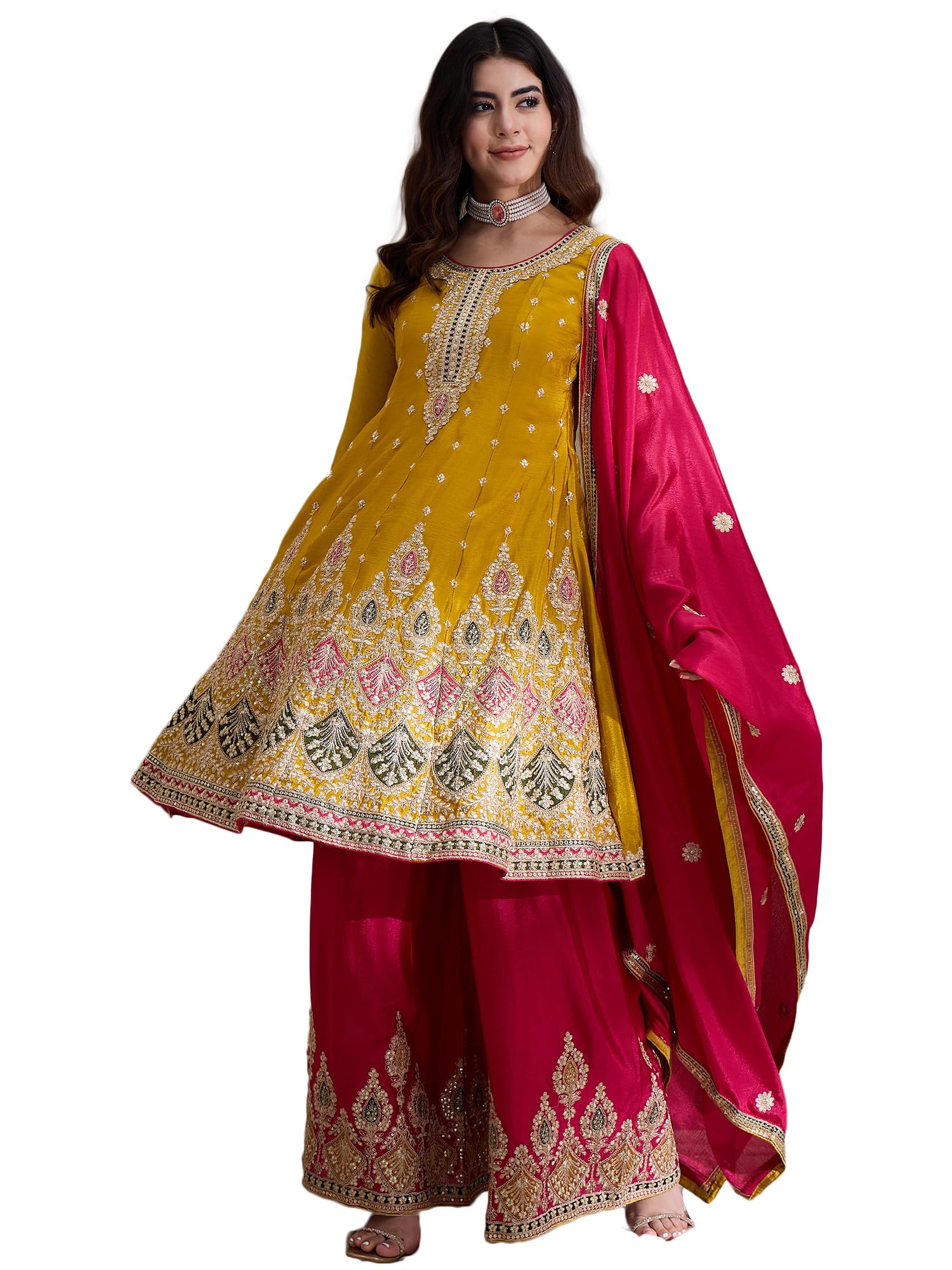 miss ethnik Women's Yellow Chinon Stitched Top with Stitched Chinon Bottom and Chinon Dupatta Full Sleeve Embroidered Flared Top-picture-29