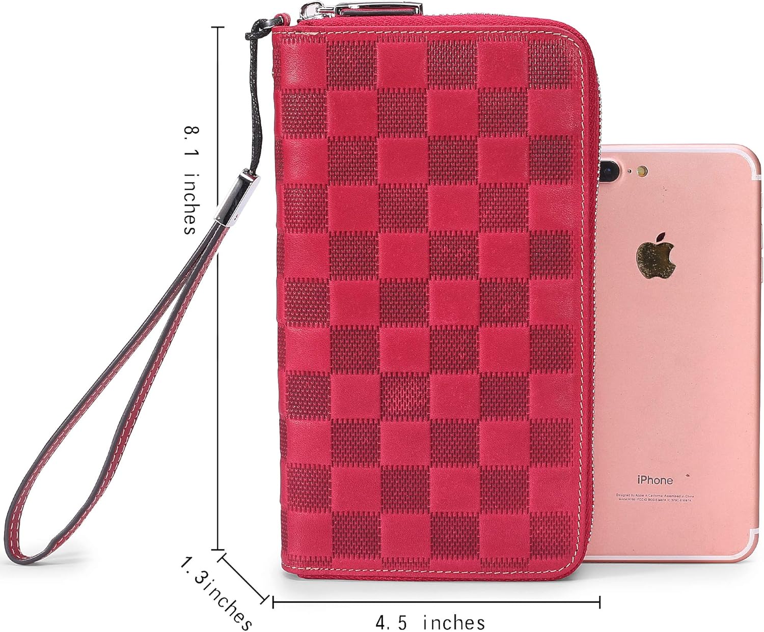 AINIMOER Women RFID Blocking Wallet Leather Zip Around Phone Clutch Large Multi Card Zipper Clutch Purse, Checkered Red