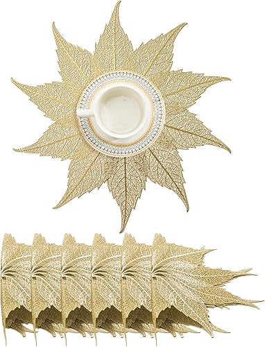 Miniatura 80 de BACKTOEDEN Juego de 6 manteles individuales redondos de color dorado claro, lavables, limpiables, resistentes al calor, manteles individuales de