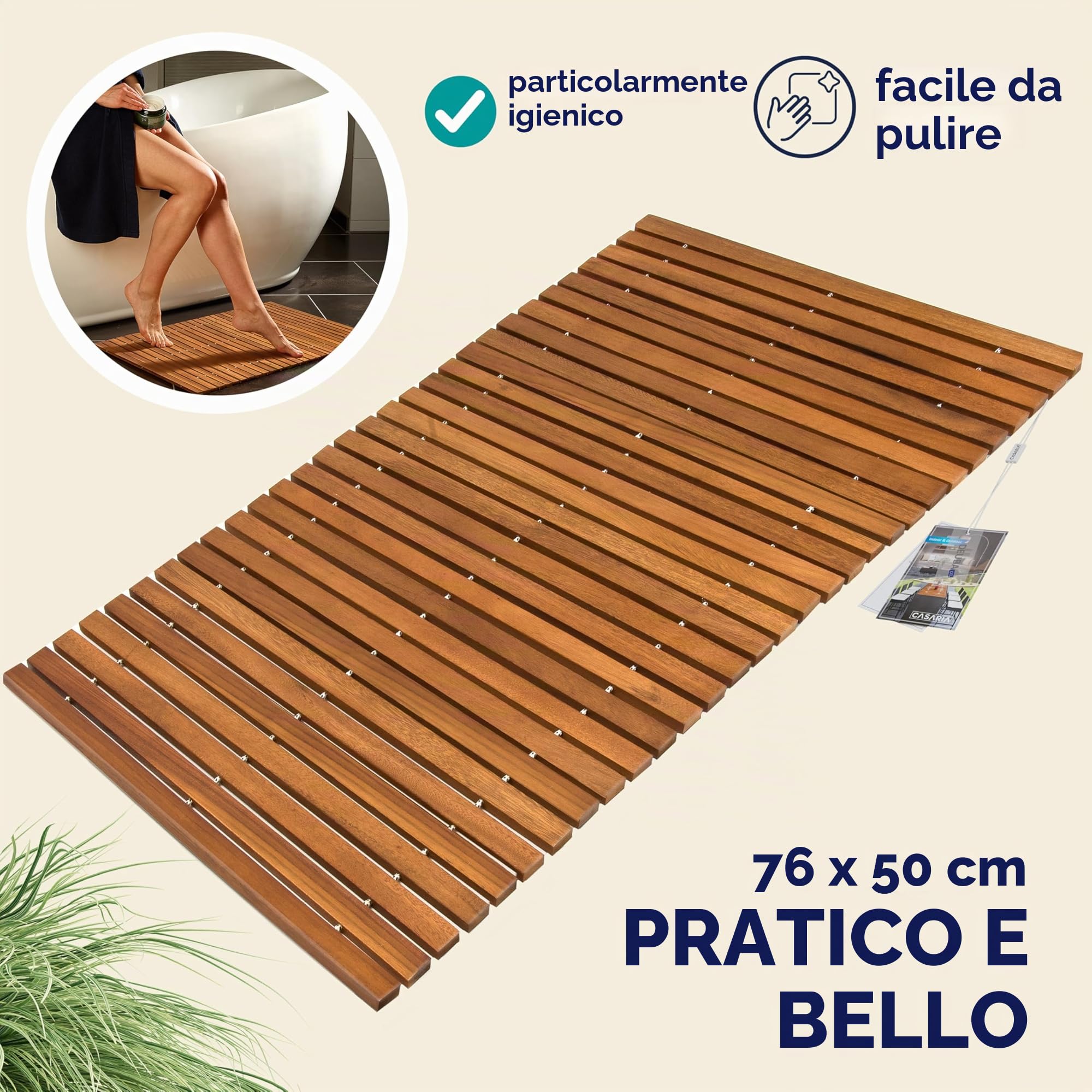 Deuba® Tappetino Bagno in Legno di Acacia Certificato FSC® 76 x 50cm Tappeto Doccia Gommini Antiscivolo Poggiapiediiedi