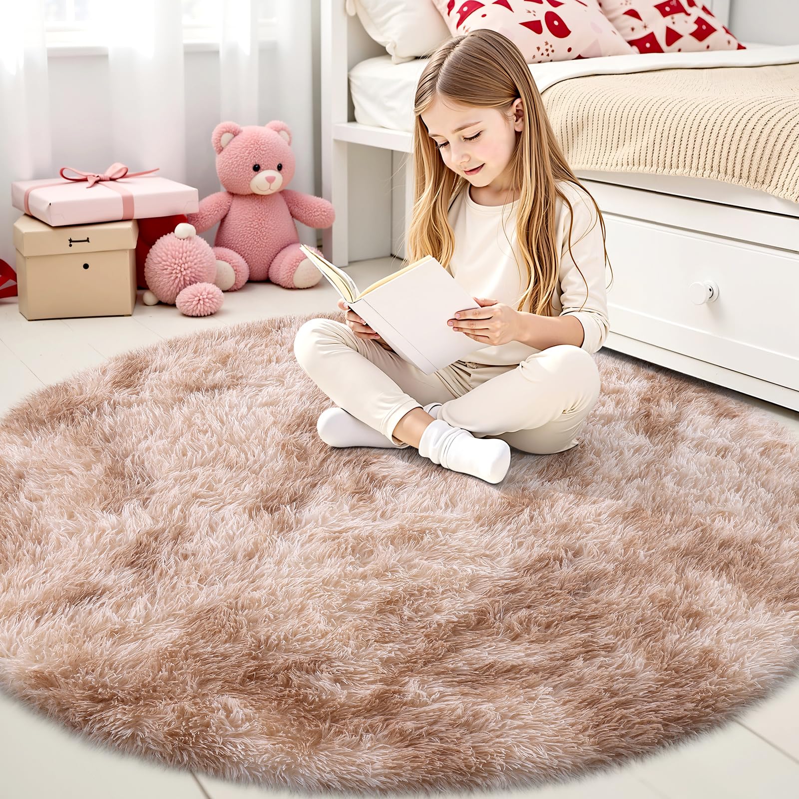 smiry Rugs Living Room 120x120cm, Area Rugs for Bedroom, Machine Washable Anti Slip Soft Fluffy Shaggy Tie-dye Floor Carpet for Kids Girls and Boys, Nursery Room, Beige
